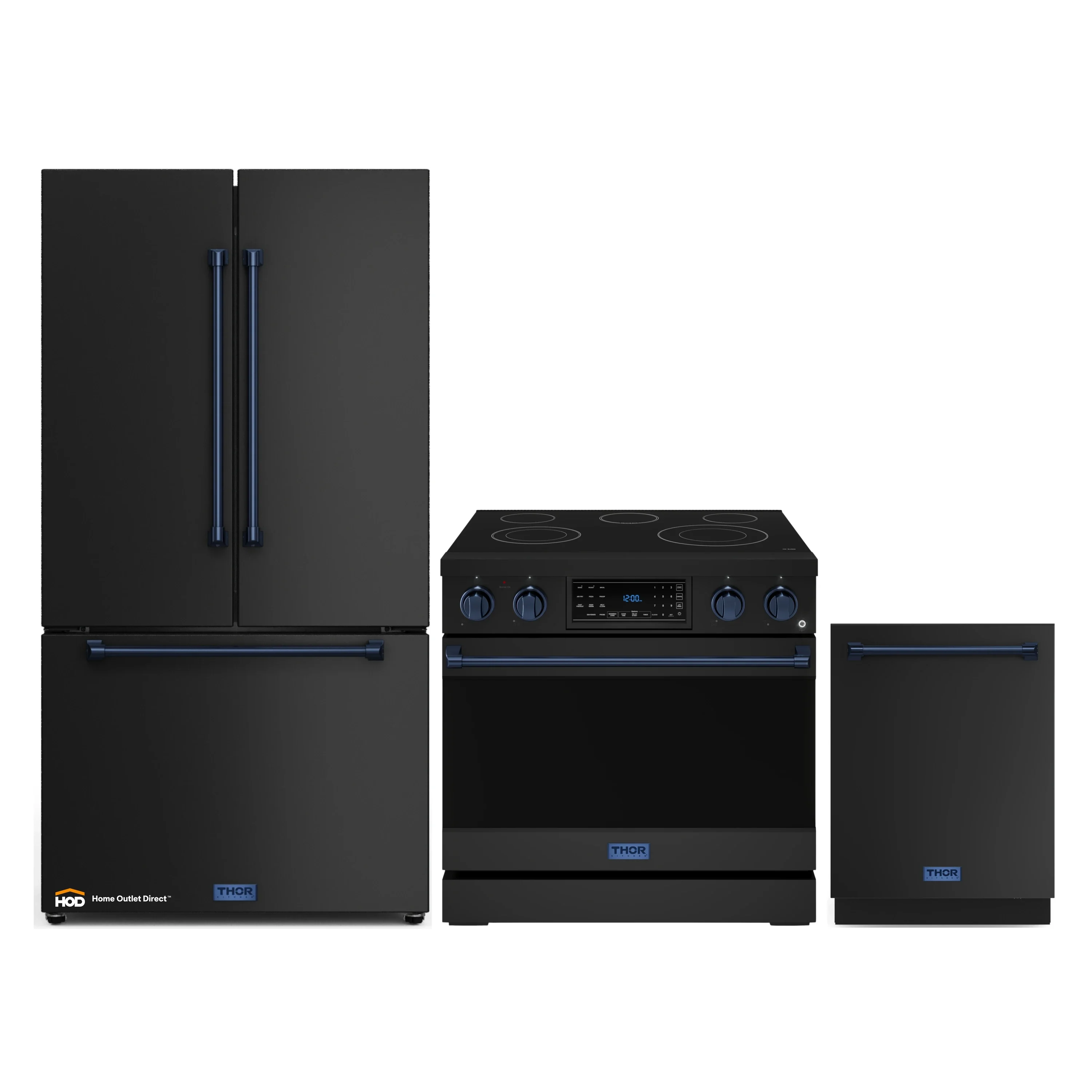 Gordon Ramsay by Thor Kitchen 3-Piece Appliance Package - 36-Inch Electric Range with Tilt Panel Touch Control, 36-Inch Refrigerator, and Dishwasher in Black with Blue Trim
