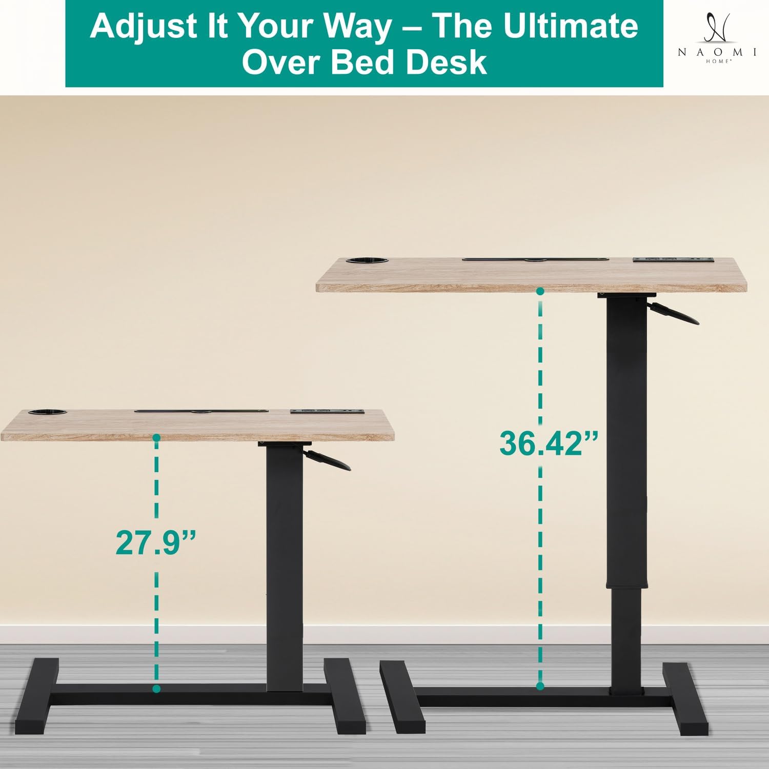 Naomi Home Tamara Adjustable Bed Desk with Wheels – Heavy-Duty Rolling Laptop Table with USB & C-Type Charging, Cup Holder and Hidden Casters Natural,Black