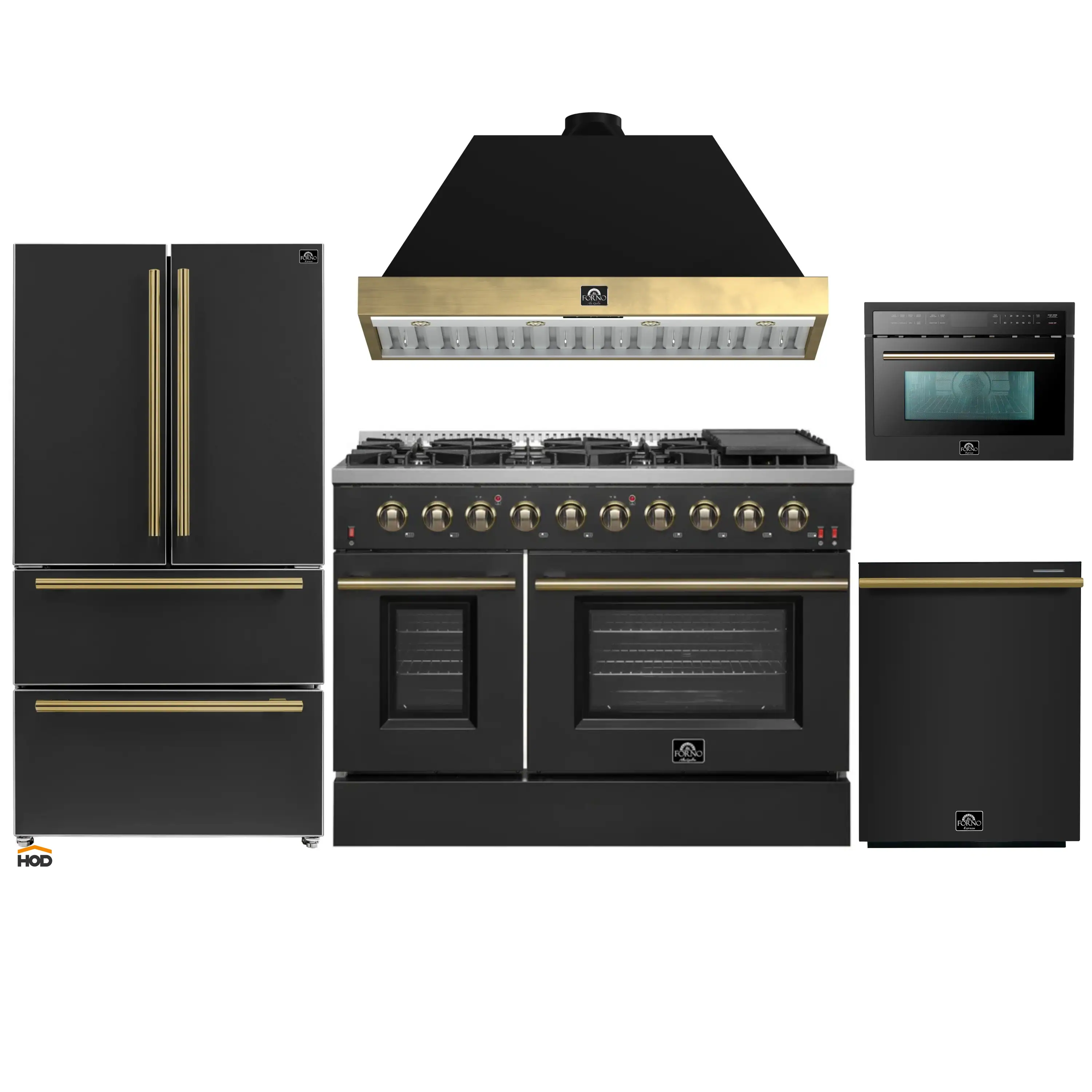 Forno Galiano 5-Piece Appliance Package - 48-Inch Gas Range, 48-Inch Hood, 36-Inch Refrigerator, 24-Inch Dishwasher, & 24-Inch Microwave Oven in Black with Antique Brass Trim