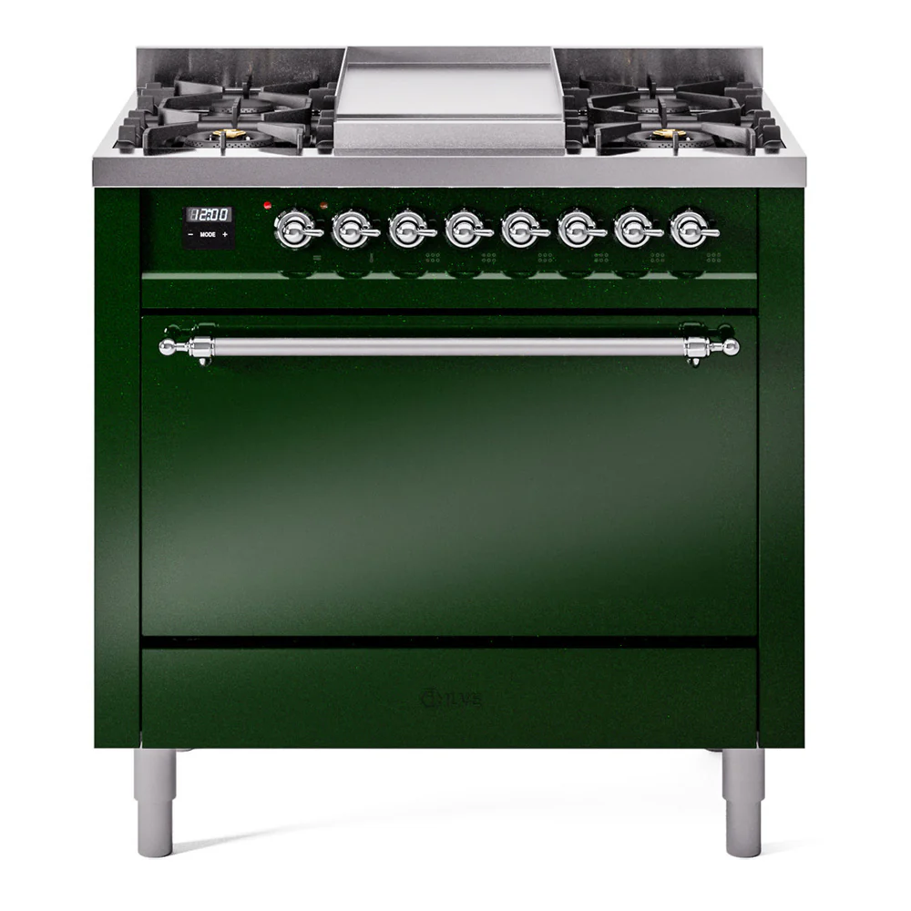 ILVE 36-Inch Nostalgie II Dual Fuel Range with 6 Burners and Solid Door Oven in Emerald Green with Chrome Trim (UP36FQNMPEGC)