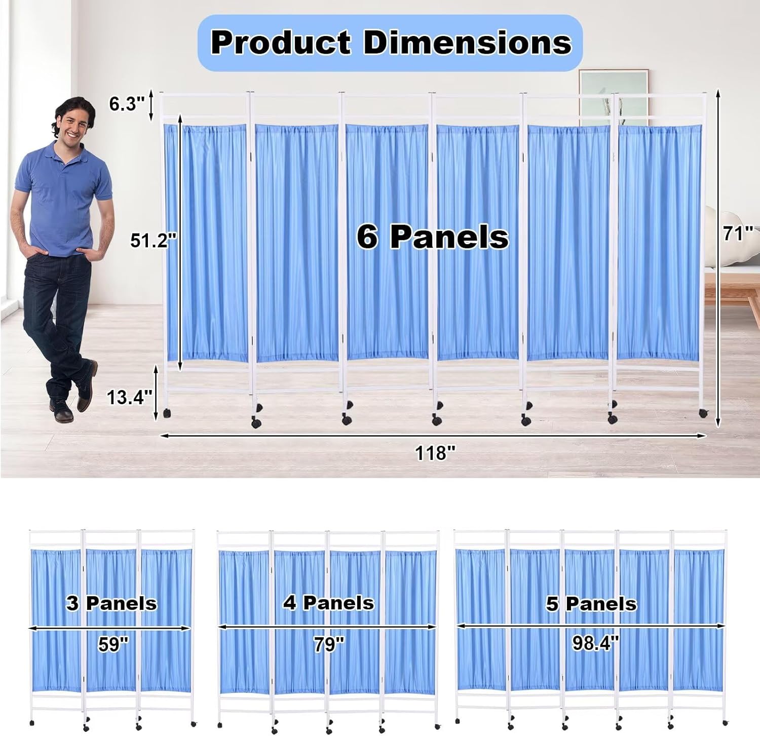 Medical Room Divider with Foldable Panels, Mobile Medical Privacy Screen with Steel Frame, partition Room dividers for Hospital, Nursing Privacy Screen, no Odor Fabric (Blue 5 Panels)