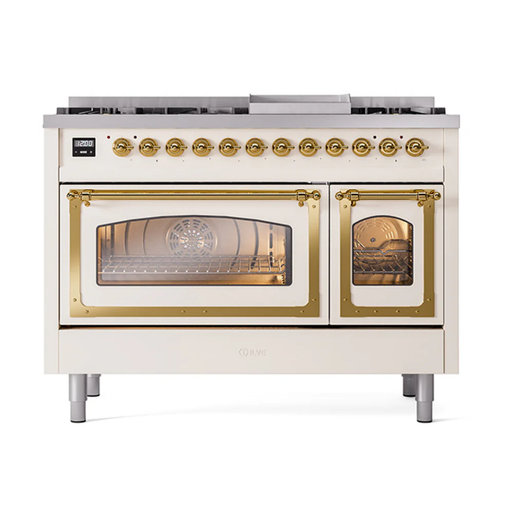 ILVE Nostalgie II Noblesse 48-Inch Dual Fuel Freestanding Range in Antique White with Brass Trim (UN48FNMPAWG)