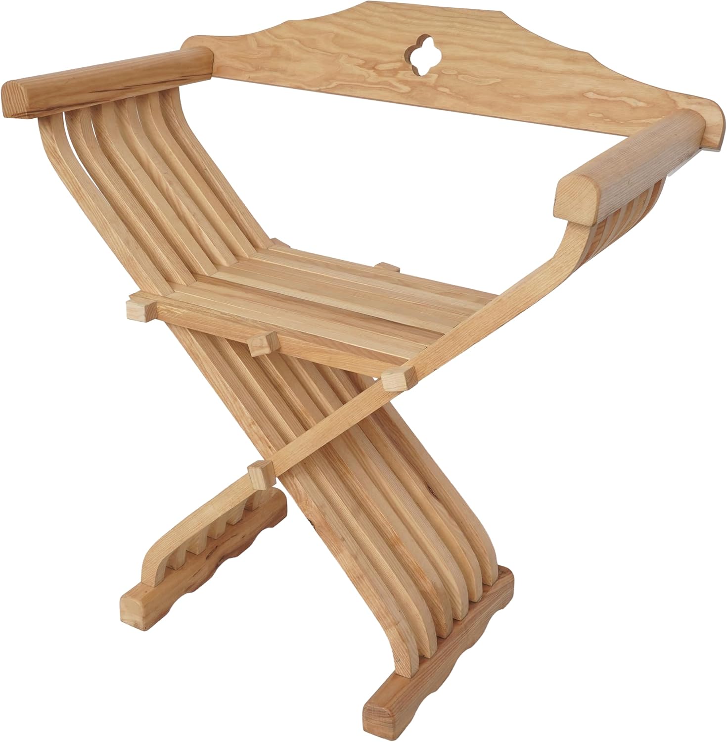 Lord of Battles Medieval Wooden Savonarola Chair with Backrest - Ash Wood Folding Camp Seat, Bent Armrests & Detachable Back Support