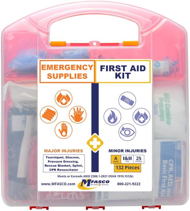 MFASCO Emergency Kit & First Aid Combo Kit - Combines Basic First Aid with supplies for Major Injuries - OSHA 2021 Class A Compliant - First Aid Kit for Business - First Aid Kit for Home and Workplace