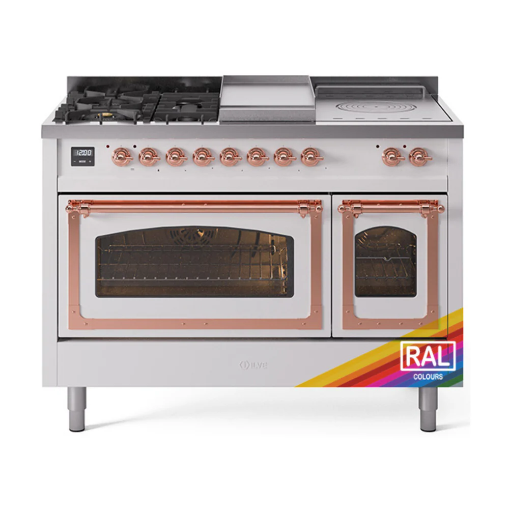 ILVE 48-Inch Nostalgie II Noblesse Dual Fuel Range with 5 Sealed Burners, Griddle, French Top and Triple Glass Door Oven in Custom RAL with Copper Trim (UN48FSNMPRAP)