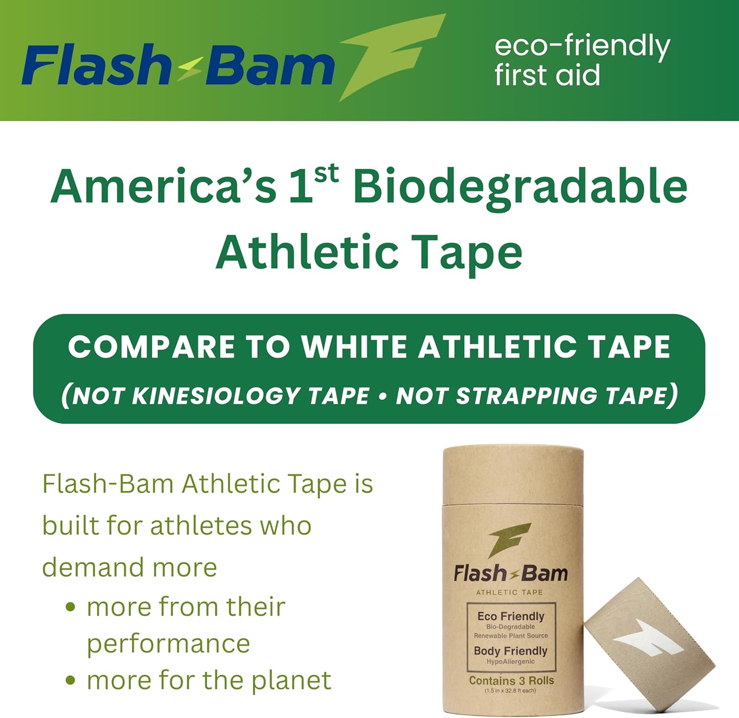 Athletic Tape - Biodegradable Eco-Friendly Sports Tape - Strong Adhesive Athletic Wrap for Ankle Wrist Knee Fingers - Compression Tape for Sports Training Recovery - Zinc Oxide-Free (case of 30)