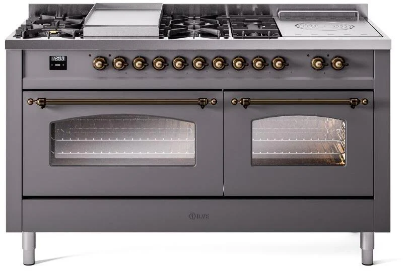 ILVE Nostalgie II 60-Inch Dual Fuel Range with 7 Burners, Griddle, & French Top with Triple Glass Door Oven in Matte Graphite with Bronze Trim (UP60FSNMPMGB)