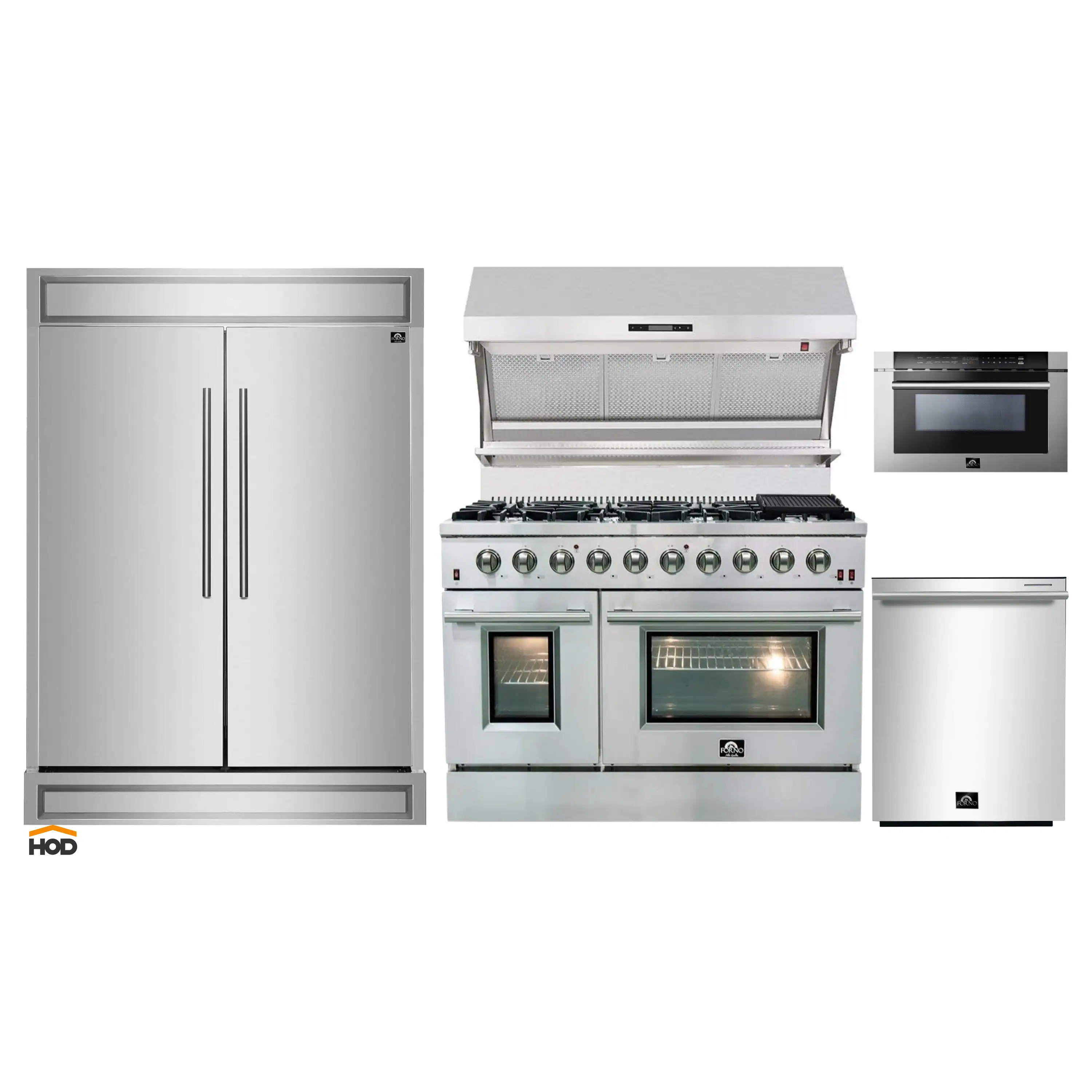 Forno 5-Piece - 48-Inch Gas Range, 60-Inch Refrigerator, Wall Mount Hood with Backsplash, 24-Inch Microwave Drawer, & 3-Rack Dishwasher in Stainless Steel