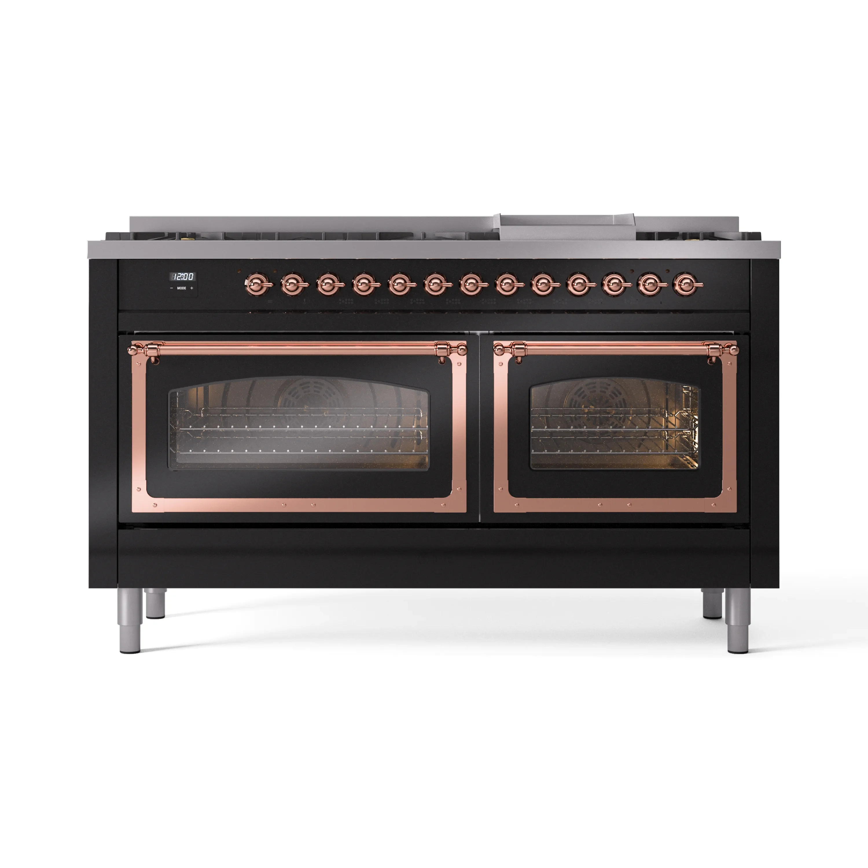 ILVE 60-Inch Nostalgie II Noblesse Dual Fuel Range with 9 Sealed Burners, Griddle, Triple Glass Door Oven in Glossy Black with Copper Trim (UN60FNMPBKP)