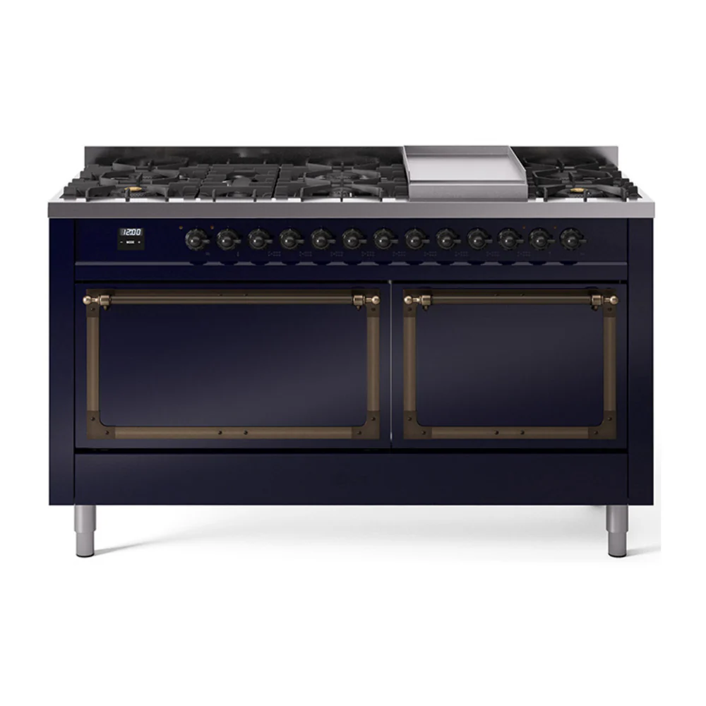 ILVE 60-Inch Nostalgie II Noblesse Dual Fuel Range with 9 Sealed Burners, Griddle, and Solid Door Oven in Midnight Blue with Bronze Trim (UN60FQNMPMBB)