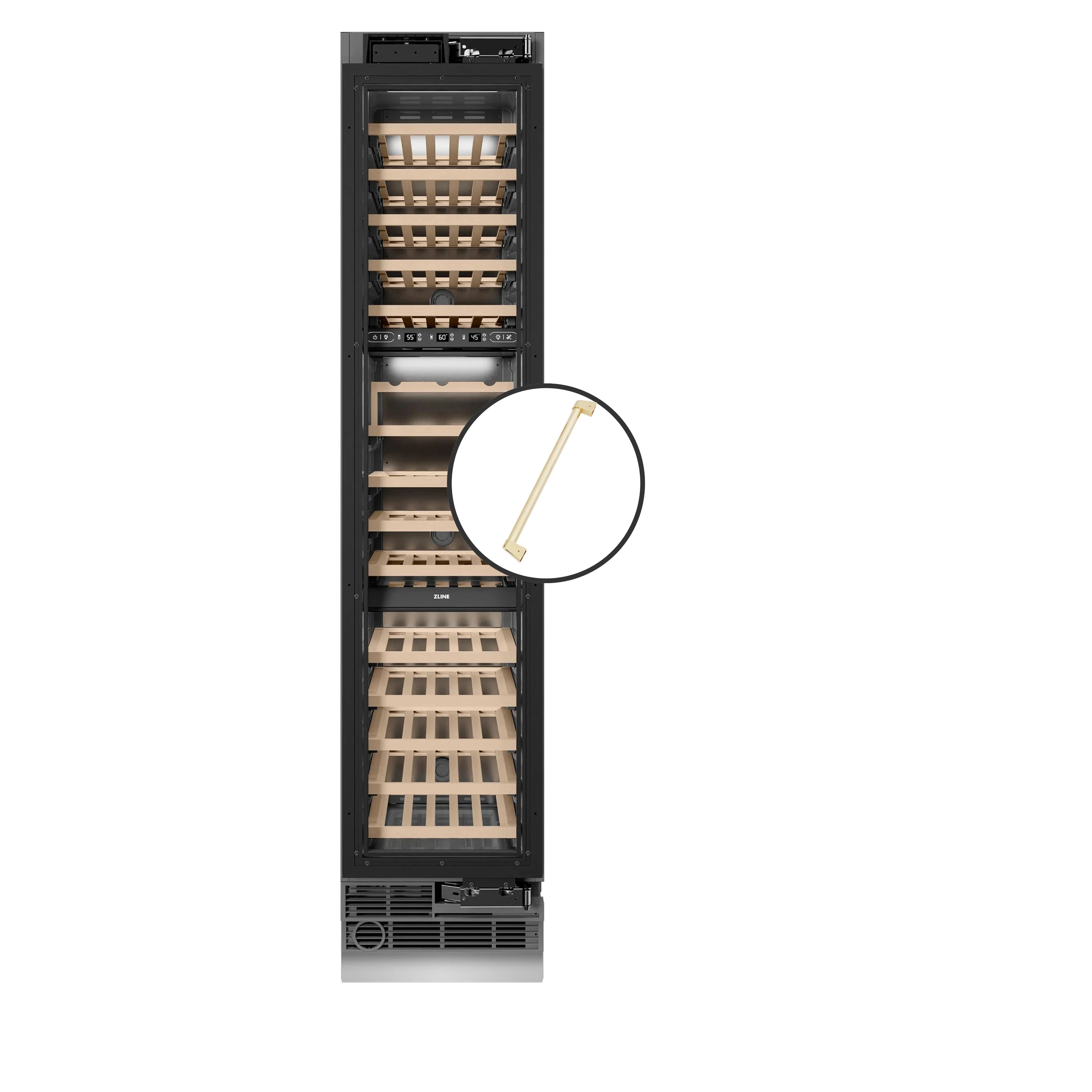 ZLINE Autograph Edition 18-Inch 9.0 Cu. Ft. Triple Zone 68 Bottle Panel Ready Right Hinge Column Wine Cooler with Polished Gold Accents (RBCWVRZ-18-G)