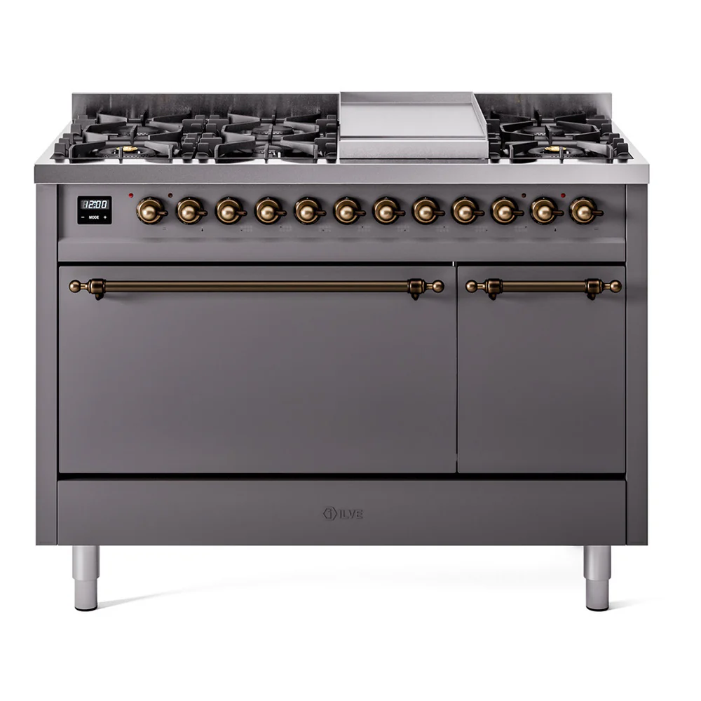 ILVE 48-Inch Nostalgie II Dual Fuel Range with 8 Burners, Griddle, and Solid Door Oven in Matte Graphite with Bronze Trim (UP48FQNMPMGB)