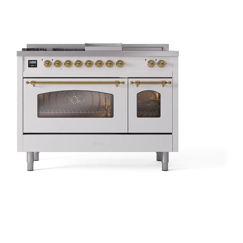 ILVE Nostalgie II 48-Inch Dual Fuel Range with 5 Burners, Griddle, & French Top with Triple Glass Door Oven in White with Brass Trim (UP48FSNMPWHG)