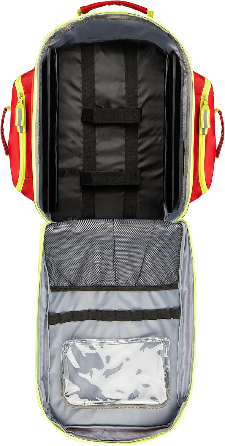 Scherber Fully-Stocked Premium First Responder Backpack | EMT/EMS Medic Trauma & Oxygen Medical Professional Kit | Bag w/ 4 Color-Coded Removable Pouches, O2 Storage, & 250+ First Aid Supplies - Red