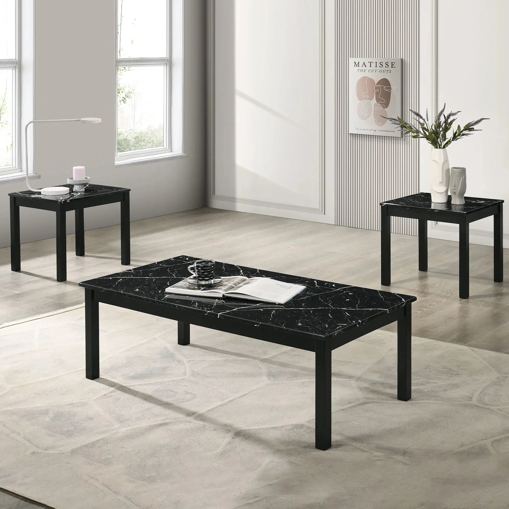 Parrot Uncle Findlay 3-Piece 47.5-Inch Rectangle Faux Marble Top Coffee Table Set with Solid Wood Legs