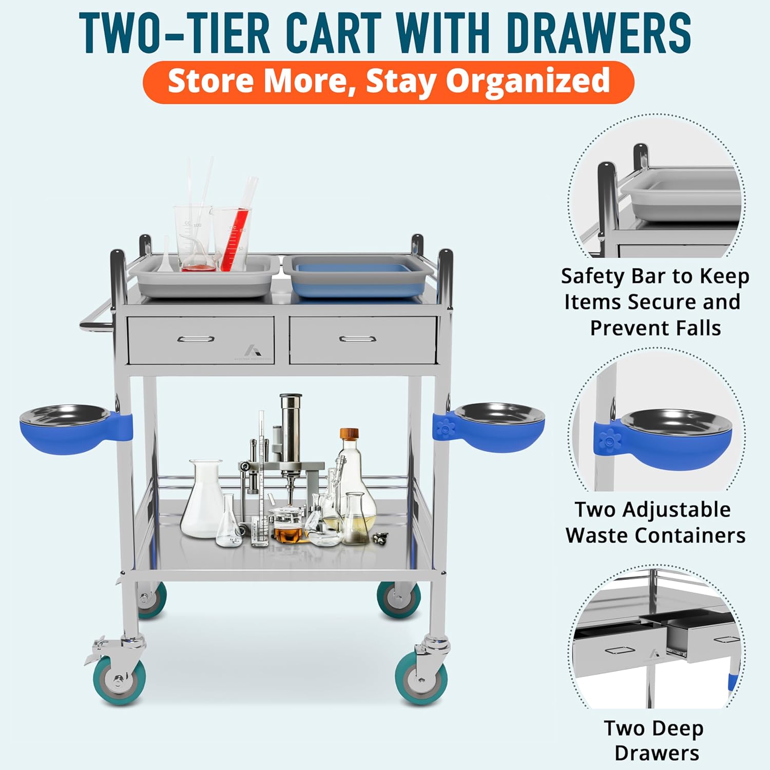 *Improved & Upgraded* Medical Stainless Steel 2 Tier Rolling Cart with Wheels and Drawers | Dental Hospital Nursing Trolley | Easy-to-Disinfect Phlebotomy Mobile Workstation