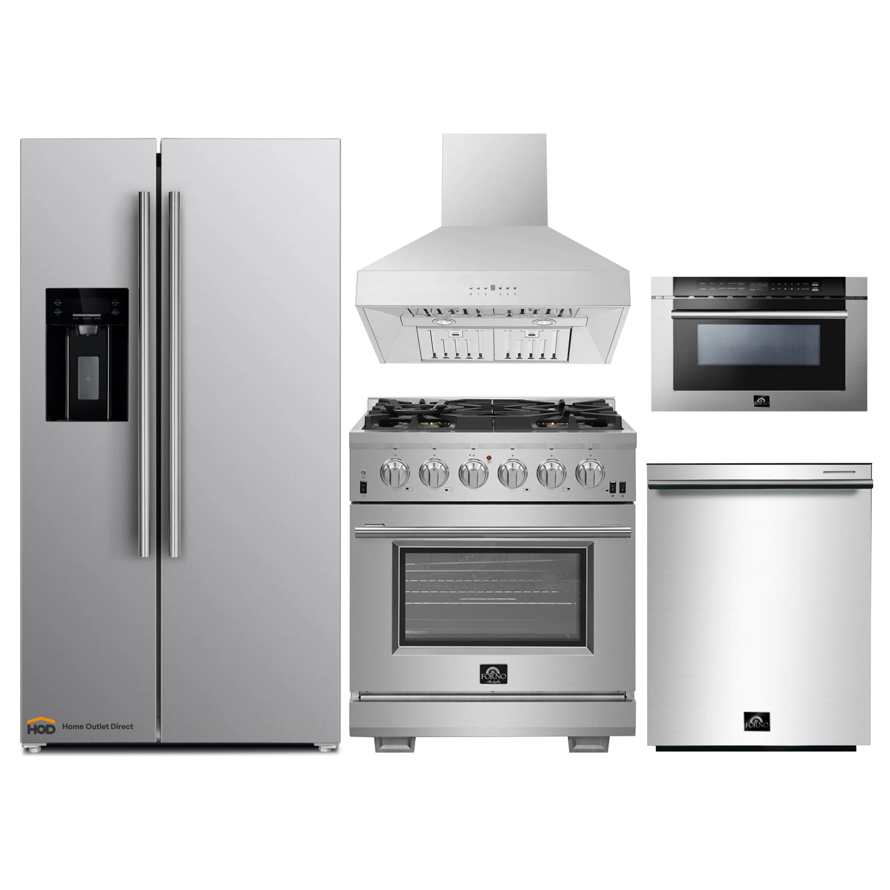 Forno 5-Piece Pro Appliance Package - 30-Inch Gas Range, Refrigerator with Water Dispenser, Wall Mount Hood, 24-Inch Microwave Drawer, & 3-Rack Dishwasher in Stainless Steel