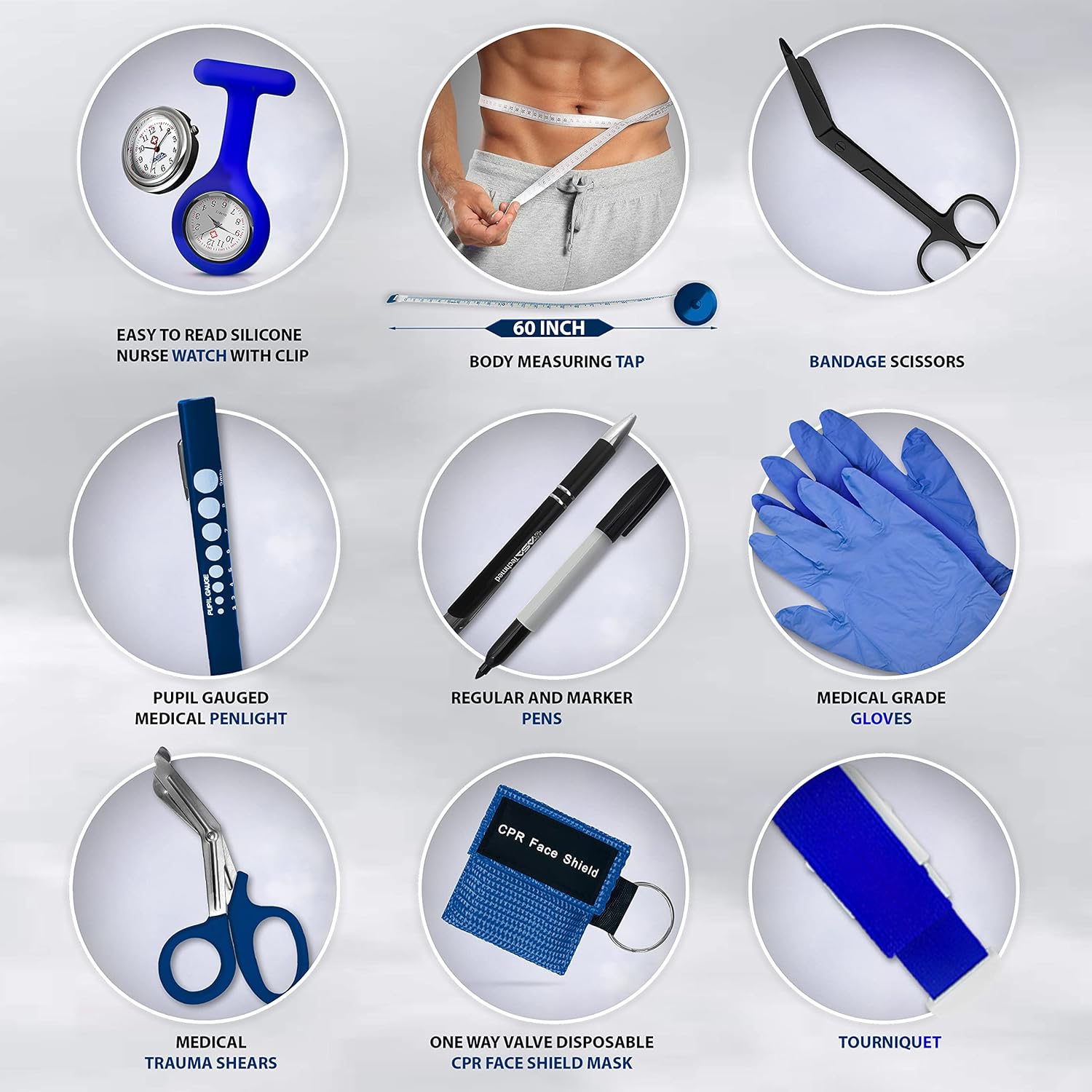 ASA TECHMED Physical Therapy Home Health Aide Comprehensive Kit - Carrying Bag, Blood Pressure Cuff, Stethoscope, Gait Belt - Blue