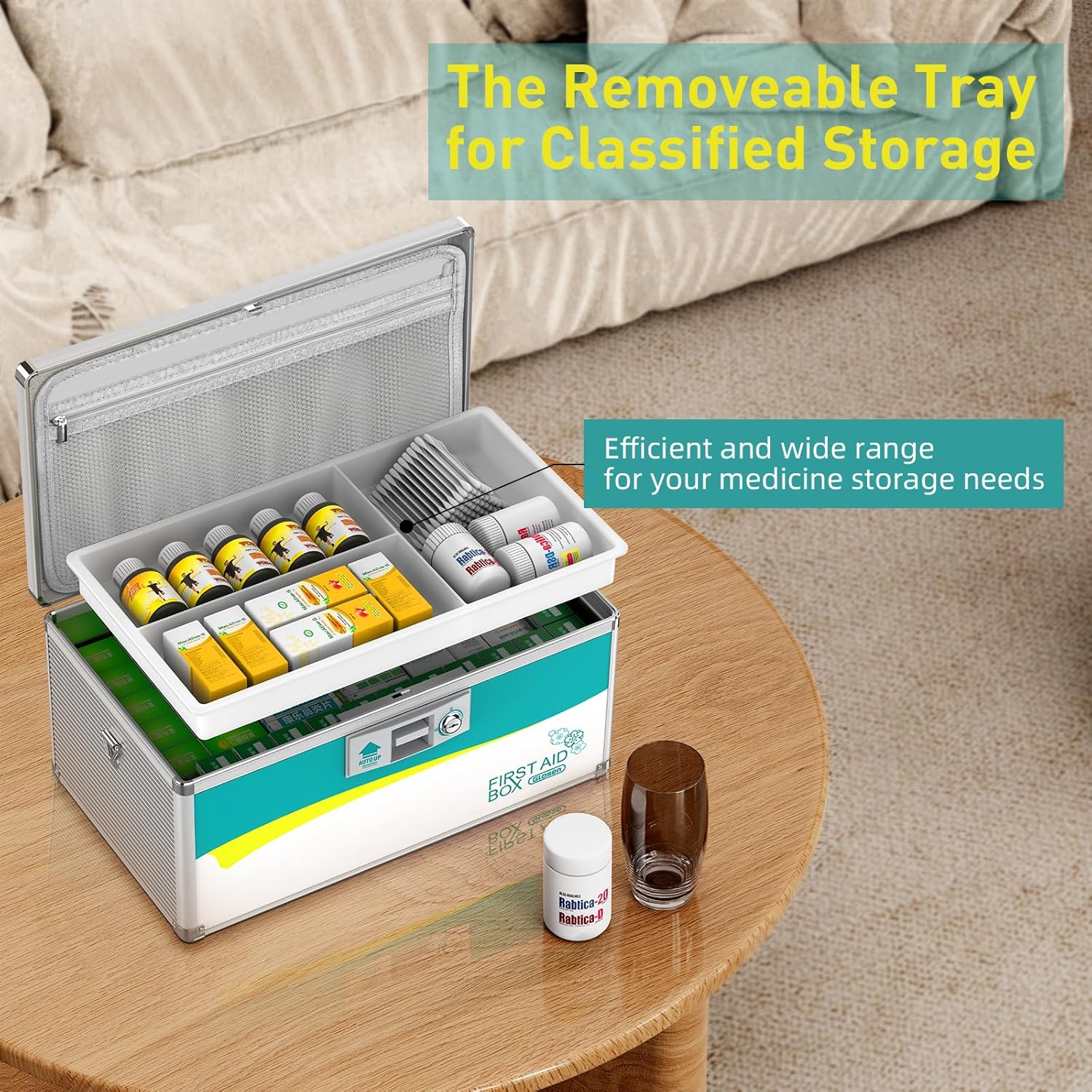 Glosen Medicine Lock Box,locking medicine box, Security Lock Boxes【Extra Large 16inch 16 x 9.25 x 7.5 Inch with removable storage pocket】 lock box, First Aid Key Safe Box for Medication