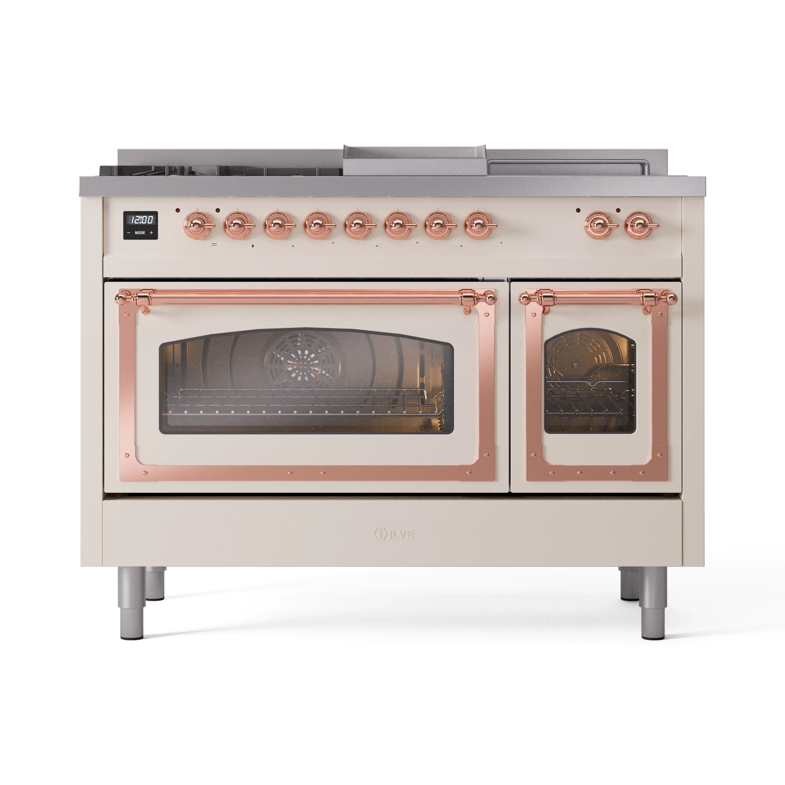 ILVE Nostalgie II Noblesse 48-Inch Dual Fuel Range with 5 Burners, Griddle, & French Top with Triple Glass Door Oven in Antique White with Copper Trim (UN48FSNMPAWP)