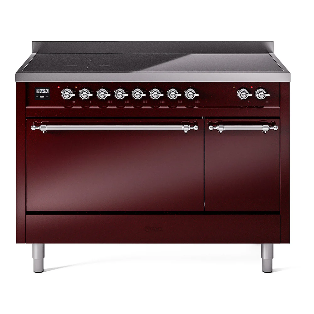 ILVE 48-Inch Nostalgie II Induction Range with Solid Door Oven in Burgundy with Chrome Trim (UPI486QNMPBUC)