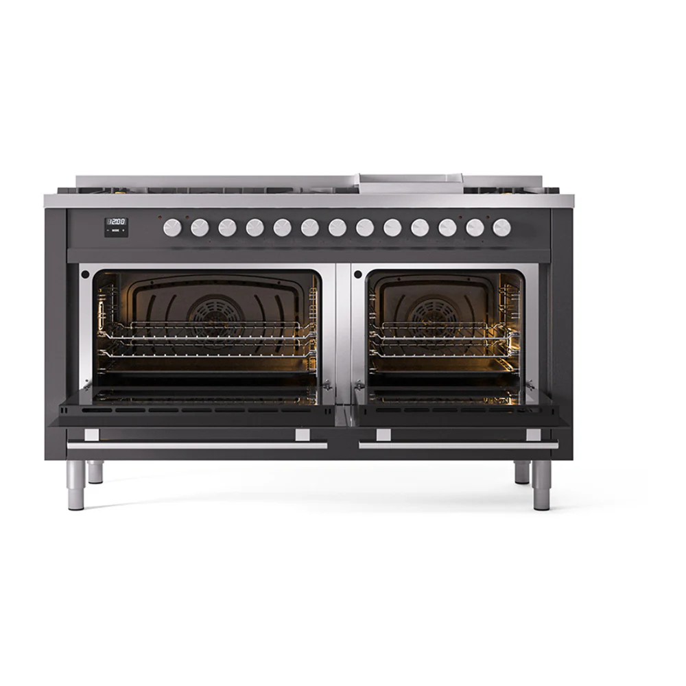 ILVE 60-inch Professional Plus II Dual Fuel Range with 9 Burners, Griddle, and Solid Door Oven in Matte Graphite (UP60FQMPMG)