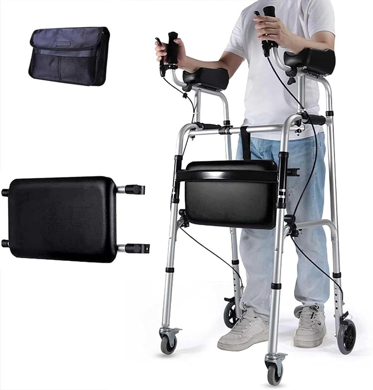 Wheel Walking Frame Upright Posture Rolling Walker 4 Wheel Walker Rollator Adjustable Height Elderly Walking Aid Used with Armrest Support Pad for Seniors Walking