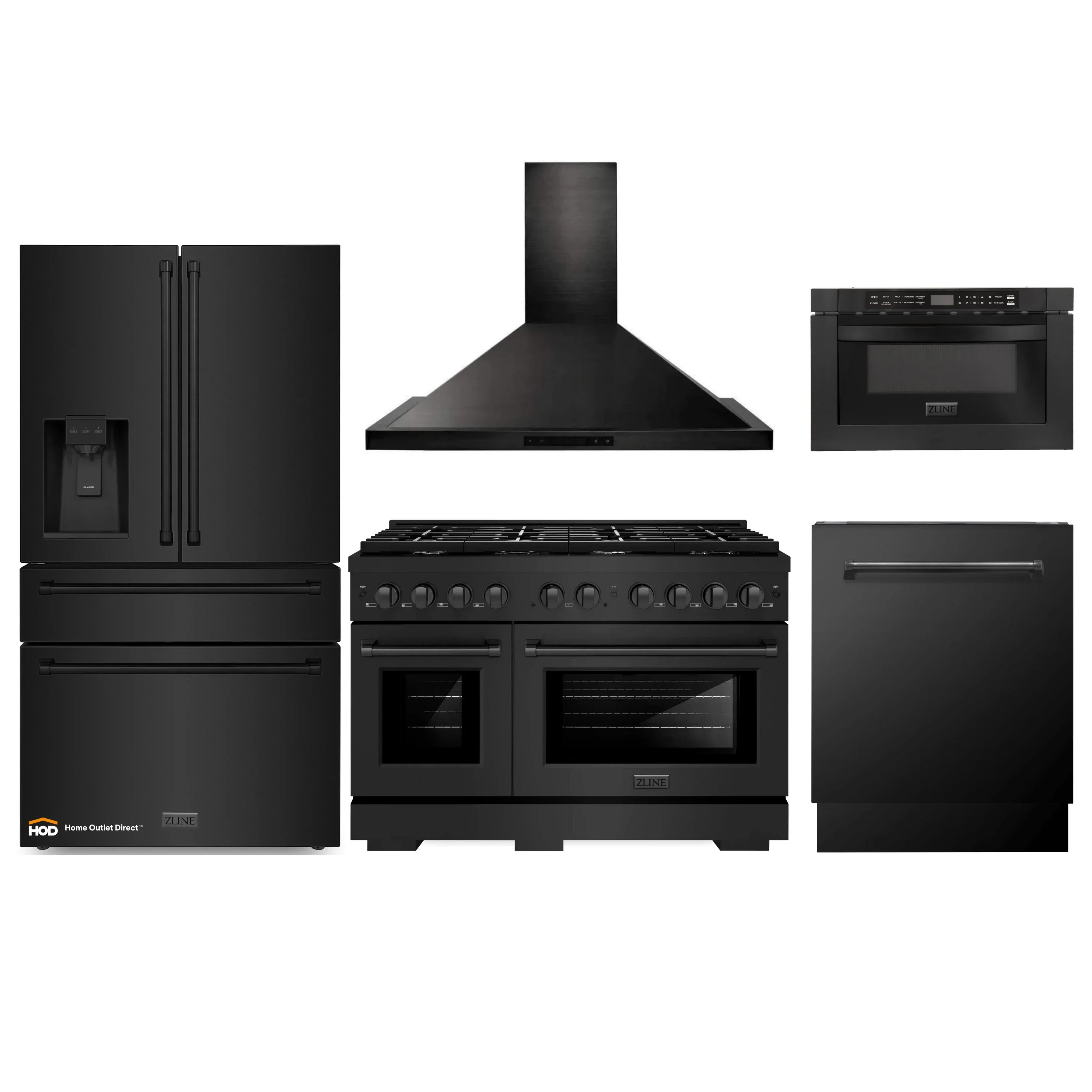 ZLINE 5-Piece Appliance Package - 48-Inch Gas Range, Refrigerator with Water Dispenser, Convertible Wall Mount Hood, Microwave Drawer, and 3-Rack Dishwasher in Black Stainless Steel (5KPRW-SGRBRH48-MWDWV)