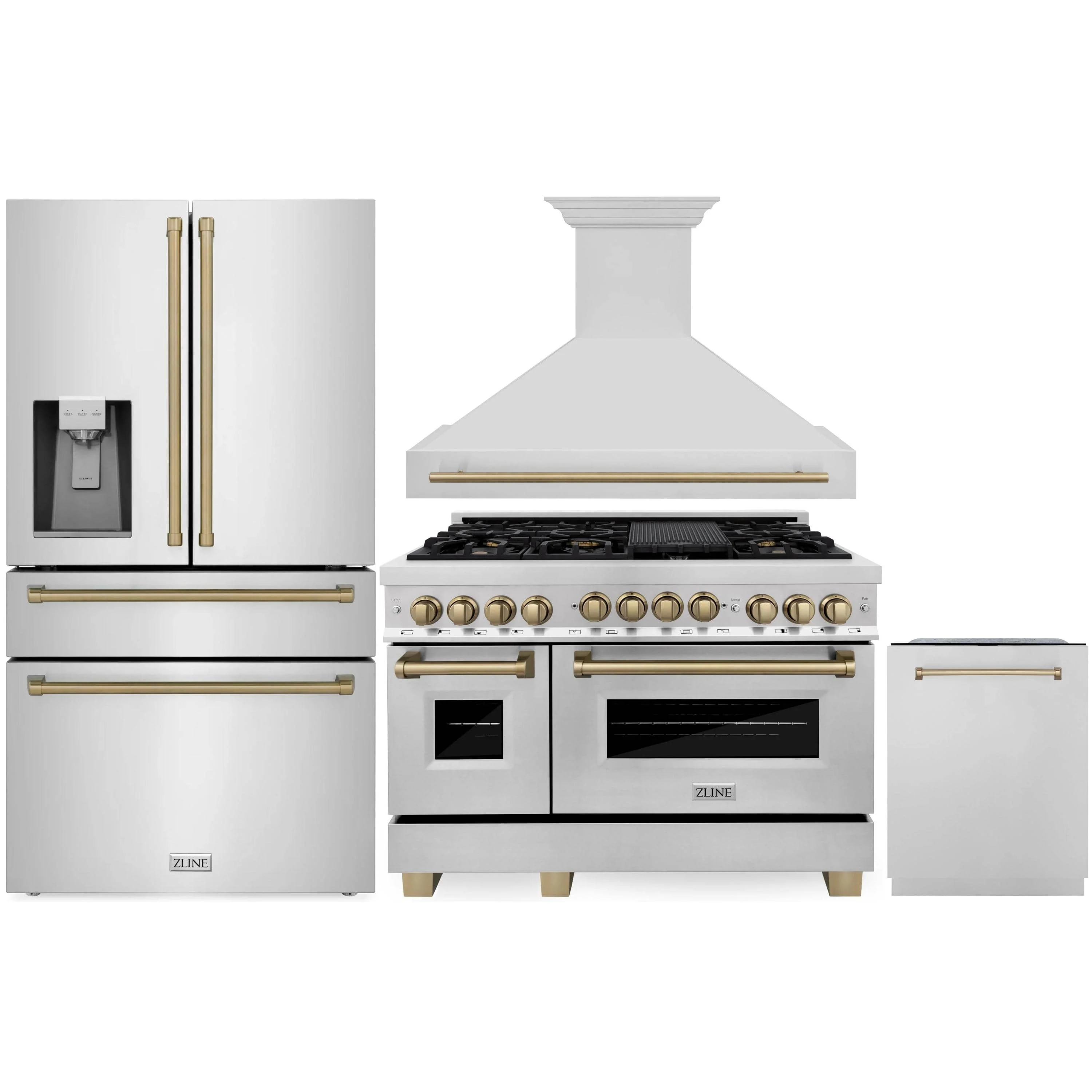 ZLINE Autograph Edition 4-Piece Appliance Package - 48-Inch Dual Fuel Range, Refrigerator with Water Dispenser, Wall Mounted Range Hood, & 24-Inch Tall Tub Dishwasher in Stainless Steel with Champagne Bronze Trim (4AKPR-RARHDWM48-CB)