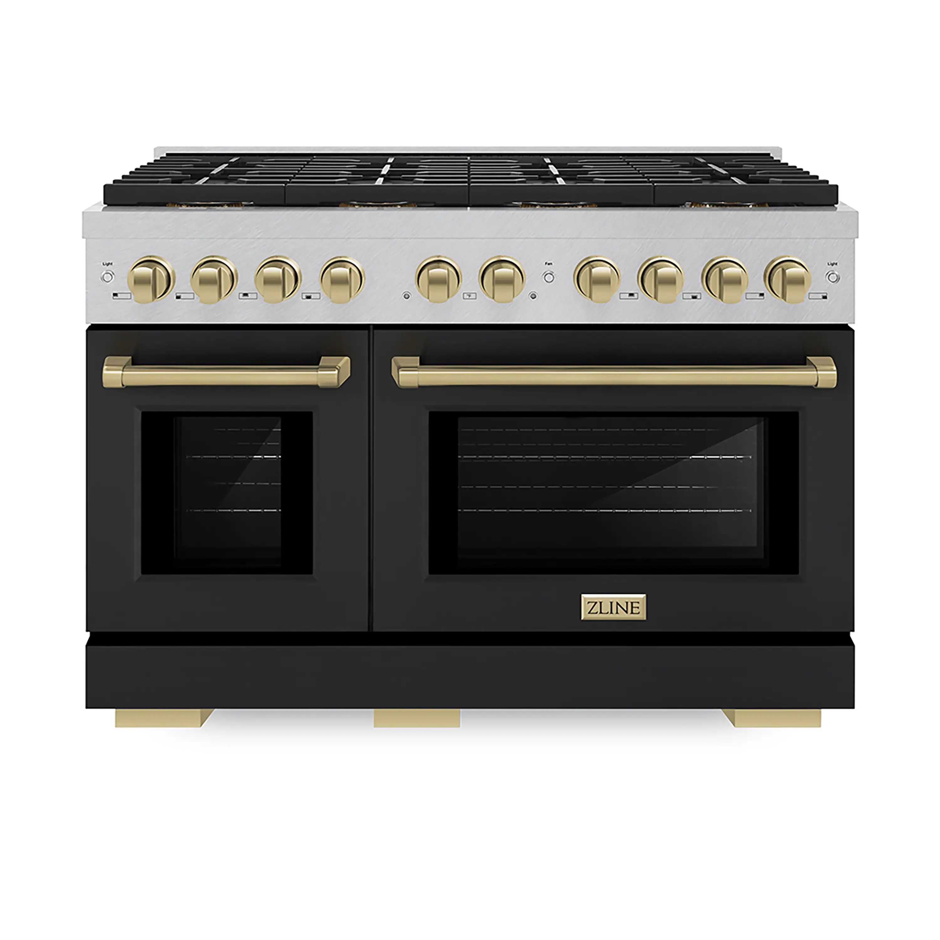 ZLINE Autograph Edition 48-Inch 6.7 cu. ft. Paramount Gas Range with 8 Burner DuoPro鈩?Cooktop and Dual Ovens in Satin Stainless Steel with Black Matte Doors and Champagne Bronze Accents (PSGRSZ-BLM48-CB)