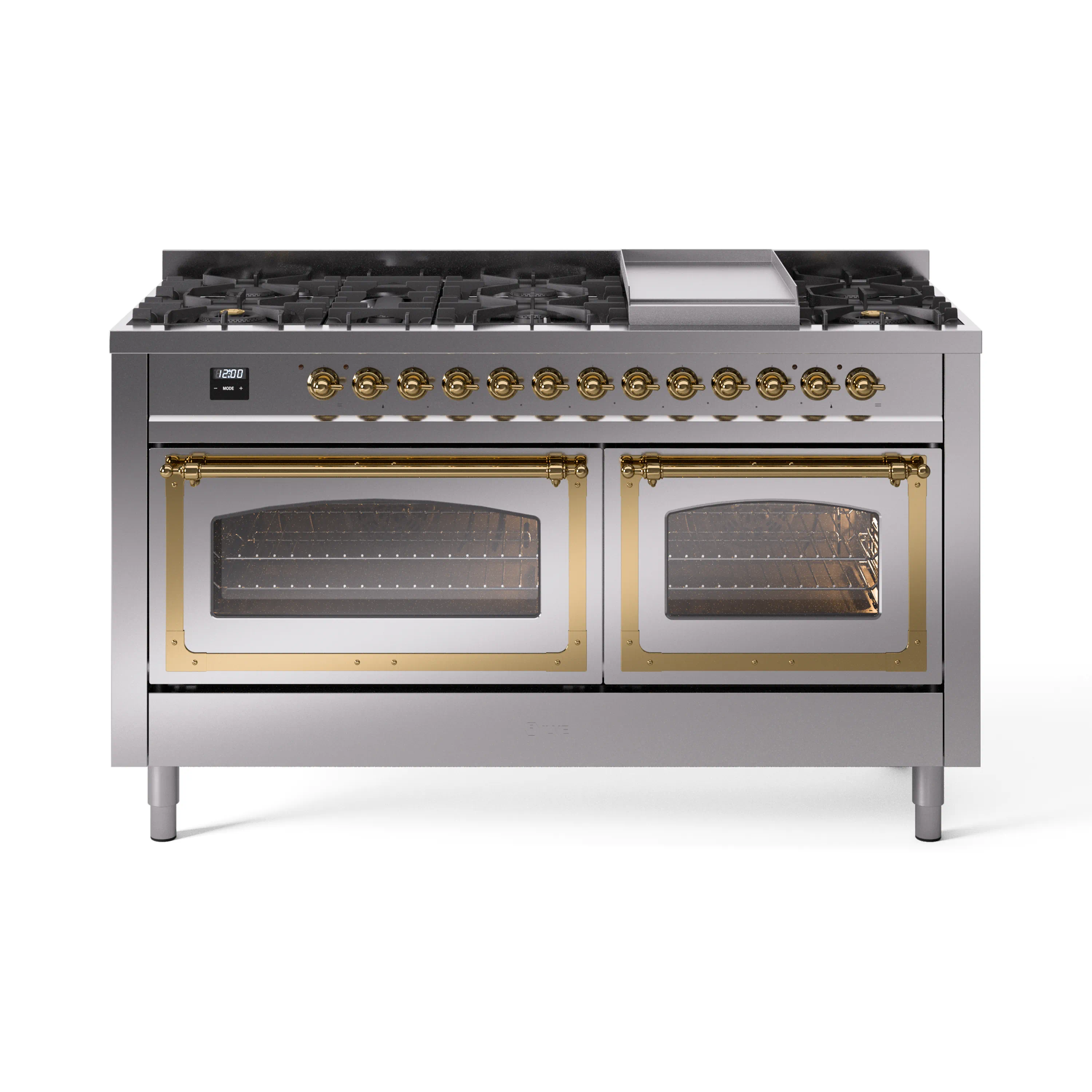 ILVE 60-Inch Nostalgie II Noblesse Dual Fuel Range with 9 Sealed Burners, Griddle, Triple Glass Door Oven in Stainless Steel with Brass Trim (UN60FNMPSSG)