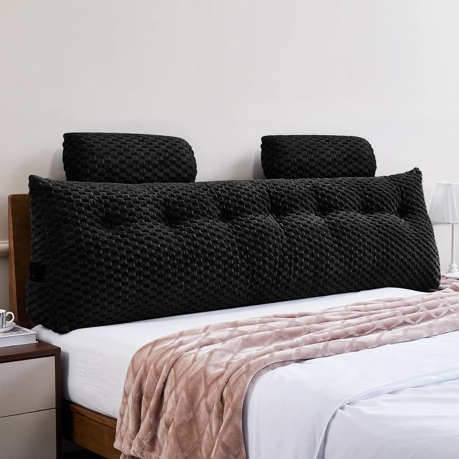 Wedge Headboard Pillow - Bed Wedge Pillow for Headboard Triangular Headboard Pillow with Neck Roll Pillow-Large Bolster Pillow for Sitting in Bed Backrest Positioning Support (Black,76x8x20 Inches)