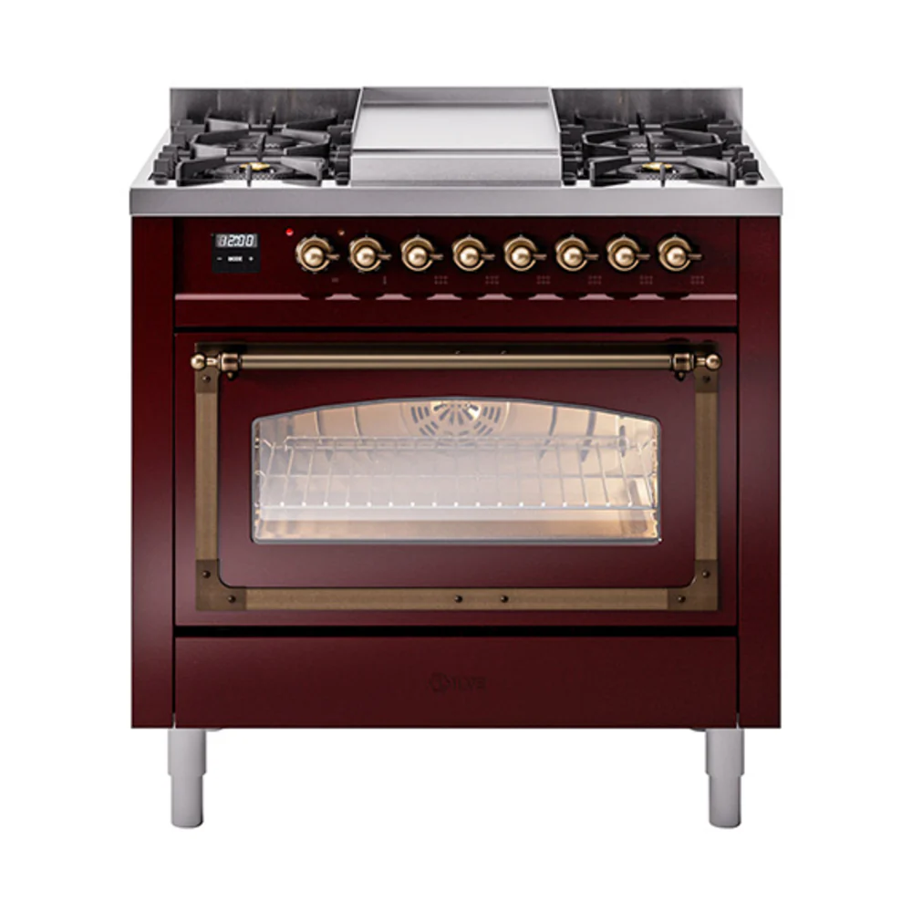 ILVE Nostalgie II Noblesse 36-Inch Dual Fuel Range and Triple Glass Door in Burgundy with Bronze Trim (UN36FNMPBUB)
