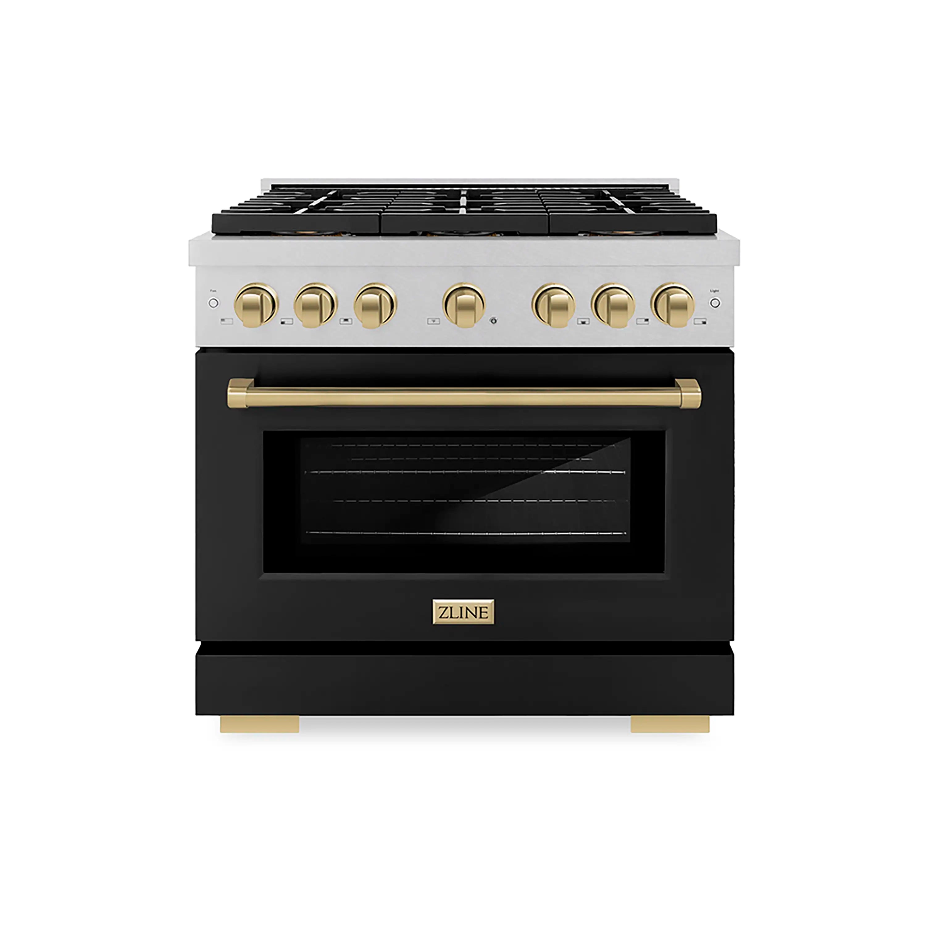 ZLINE Autograph Edition 36-Inch 5.2 cu. ft. Paramount Dual Fuel Range with 6 Burner DuoPro鈩?Cooktop and Electric Convection Oven in Satin Stainless Steel with Black Matte Door and Champagne Bronze Accents (PSDRSZ-BLM36-CB)