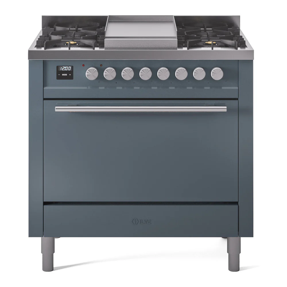 ILVE 36-Inch Professional Plus II Dual Fuel Range with 6 Burners and Solid Door Oven in Blue Grey (UP36FQMPBG)