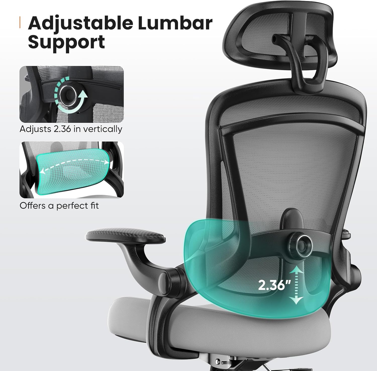 Sweetcrispy Ergonomic Desk Chair Office Chair, 300 LBS Home Mesh Office Desk Chairs with Wheels, 2D Headrest, Up&Down Lumbar Support, Swivel High Back Computer Chair with Flip-up Armrests,Dark Grey