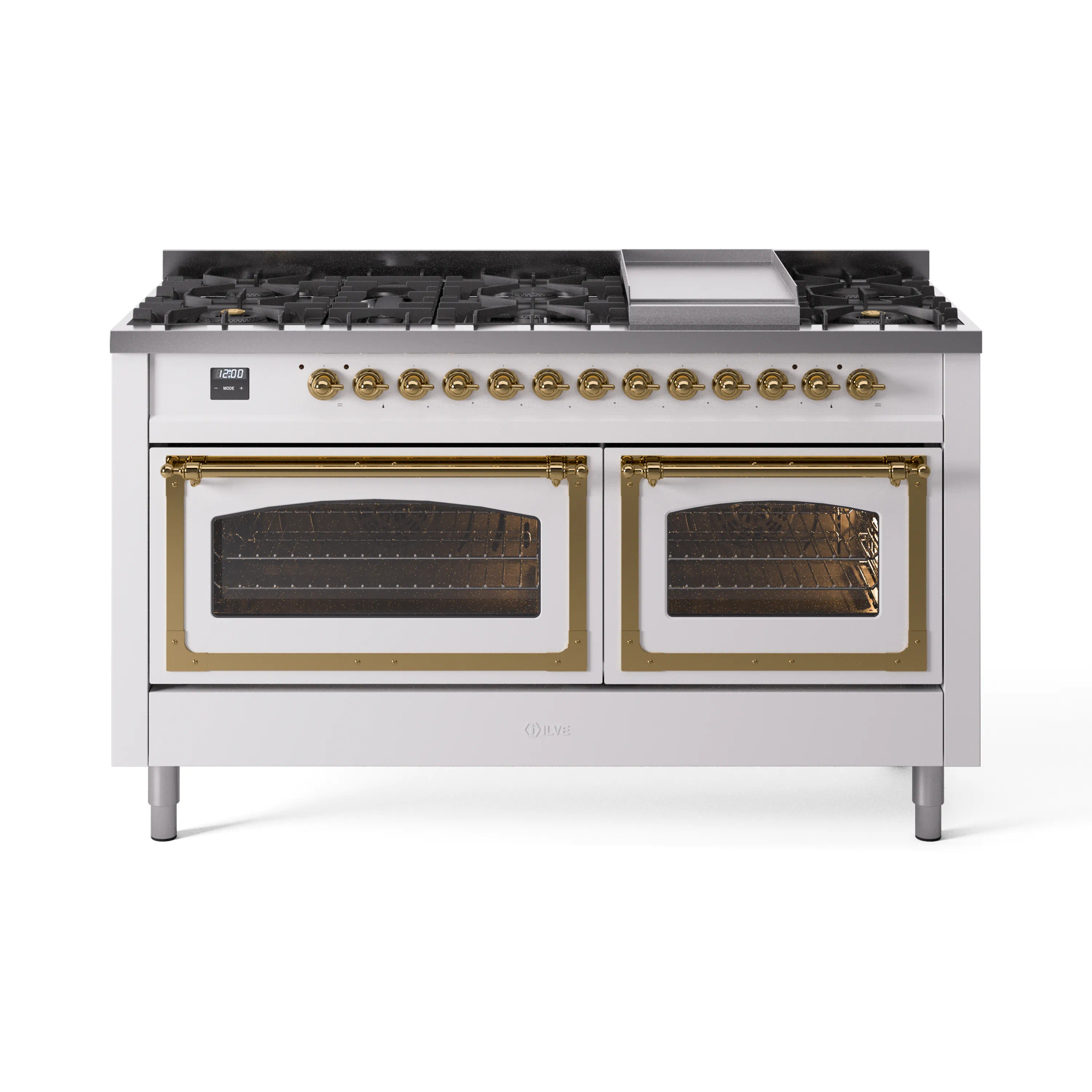 ILVE 60-Inch Nostalgie II Noblesse Dual Fuel Range with 9 Sealed Burners, Griddle, Triple Glass Door Oven in White with Brass Trim (UN60FNMPWHG)