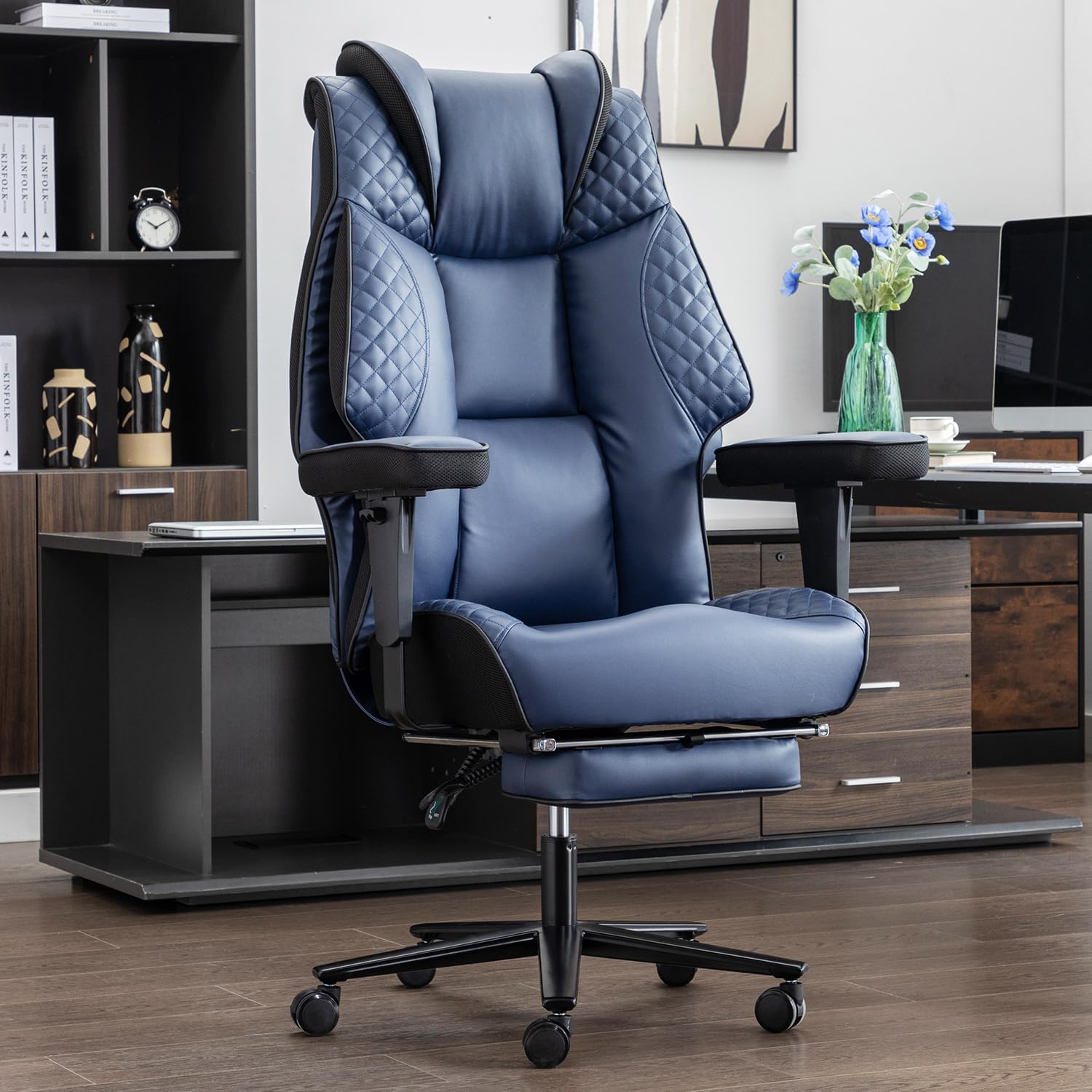 Big and Tall Office Chair 500lbs, Heavy Duty Executive Office Chair with Foot Rest, High Back Leather Adjustable Arm Rest,Ergonomic Lumbar Support Wheels(Navy Blue)