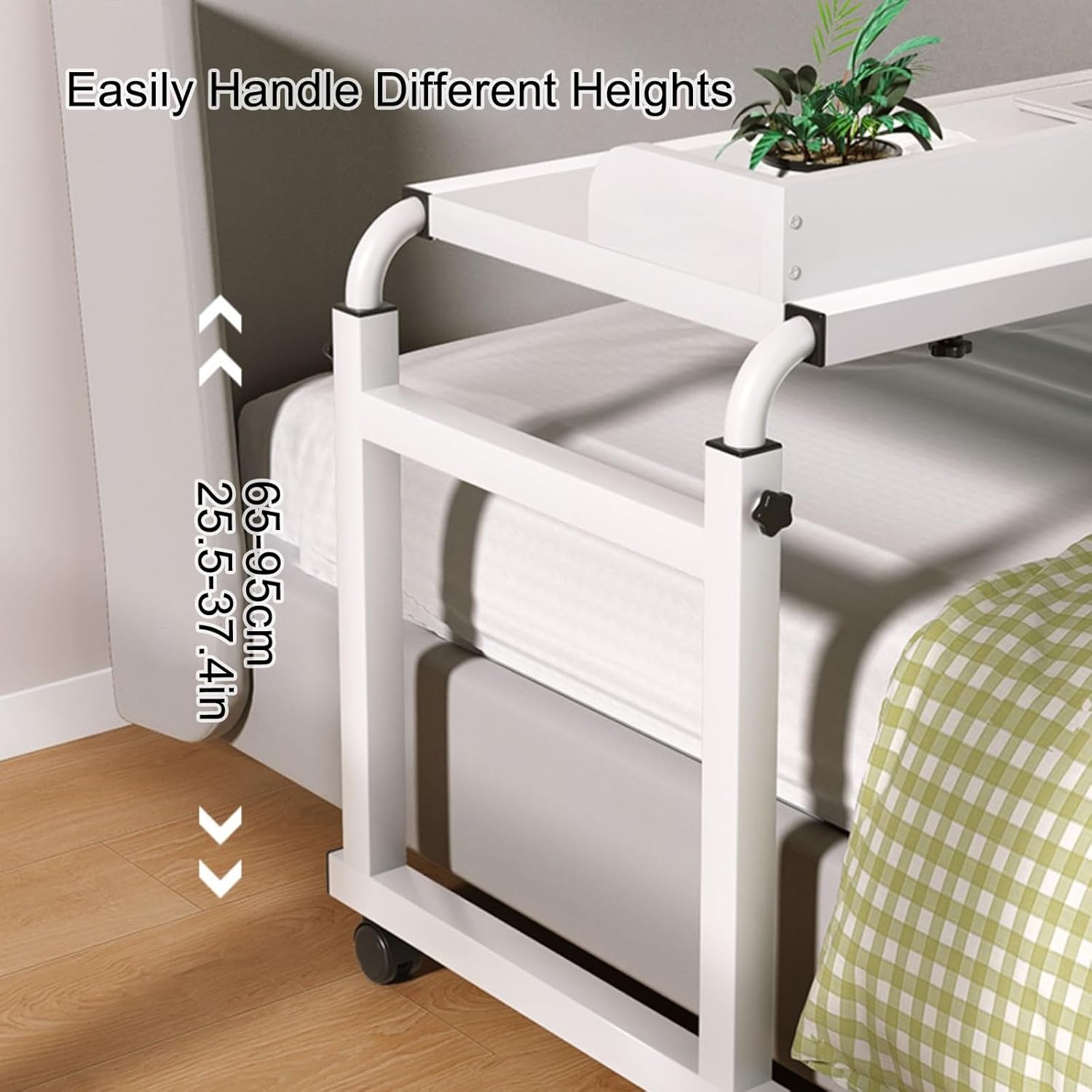 Adjustable Height & Length Laptop Bed Table, Rolling Standing Desk, Overbed Table with 360° Wheels, Queen Size Mobile Bed Desk, with Heavy Duty Metal Leg(White,140cm/55.1in)
