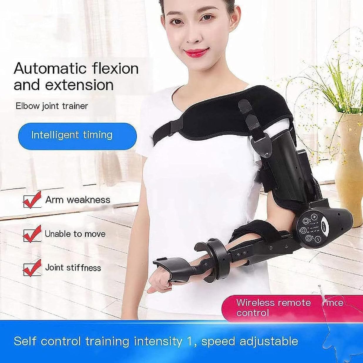 Brace Electric Elbow Flexion and Extension Trainer, Elbow Joint Rehabilitation Device, Hinged Elbow Brace Arm Exerciser, Intelligent Timing, Wireless Remote Control,Left