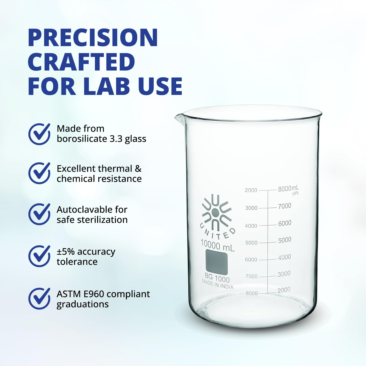 United Scientific™ (20,000mL) 20 Liter Glass Beaker - Low Form Griffin, Double Scale Graduation Chemistry Glassware, 3.3 Borosilicate Glass Beaker with Pour Spout, Beaded Rim and Autoclavable, 1 Each