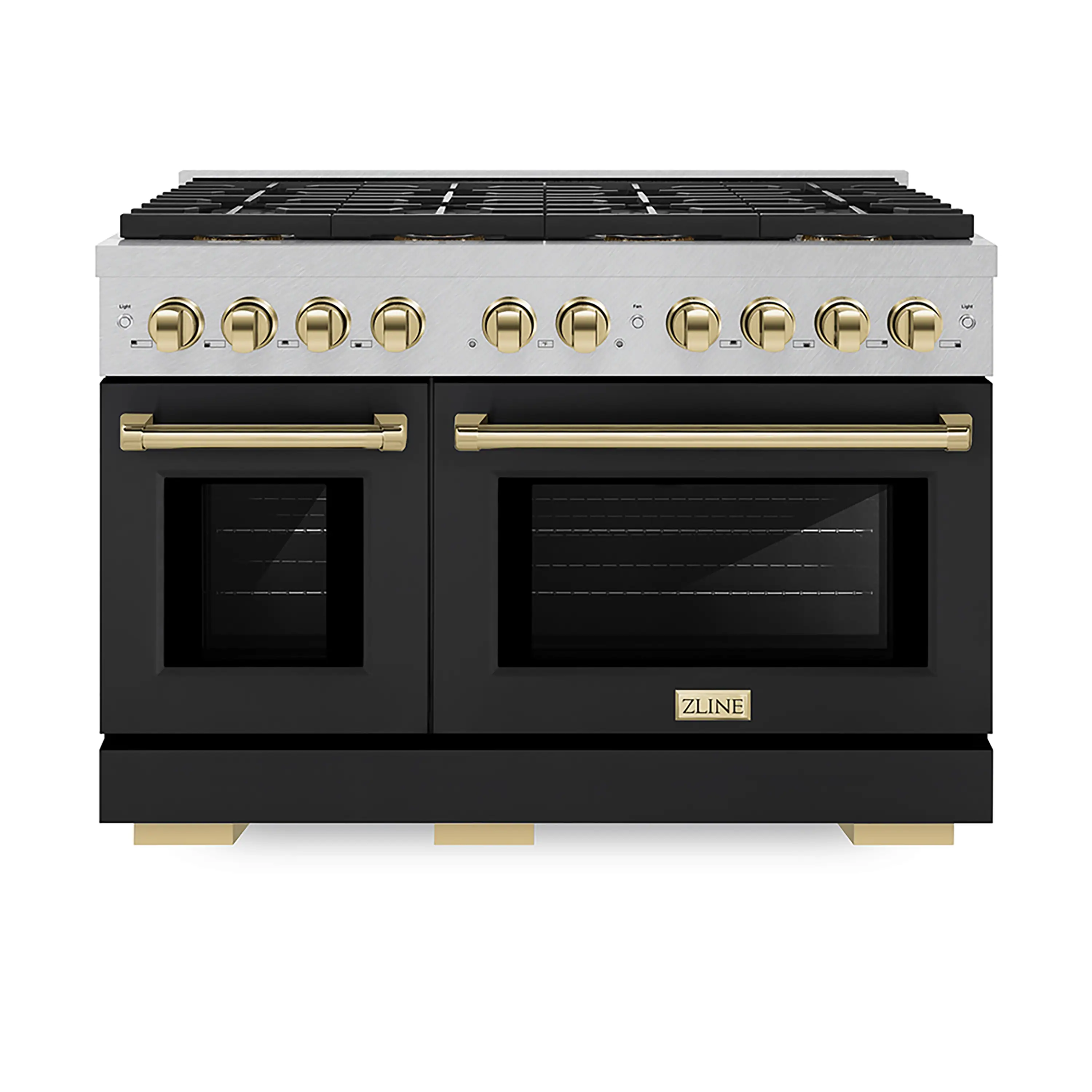 ZLINE Autograph Edition 48-Inch 6.7 cu. ft. Paramount Gas Range with 8 Burner DuoPro鈩?Cooktop and Dual Ovens in Satin Stainless Steel with Black Matte Doors and Polished Gold Accents (PSGRSZ-BLM48-G)