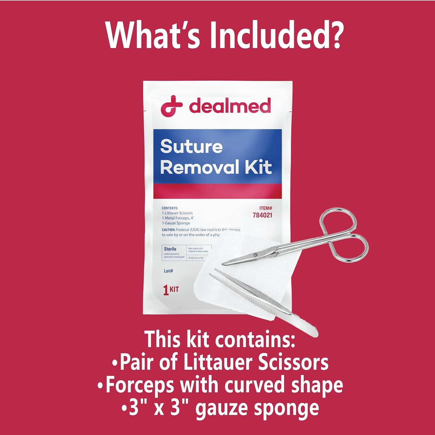 Dealmed Sterile Suture Removal Kit, Includes Suture Removal Scissors, Forceps, and Gauze Sponge, Suture Removal Tool Single-Use Kit, Ideal for Hospitals and Clinics (50 Kits)