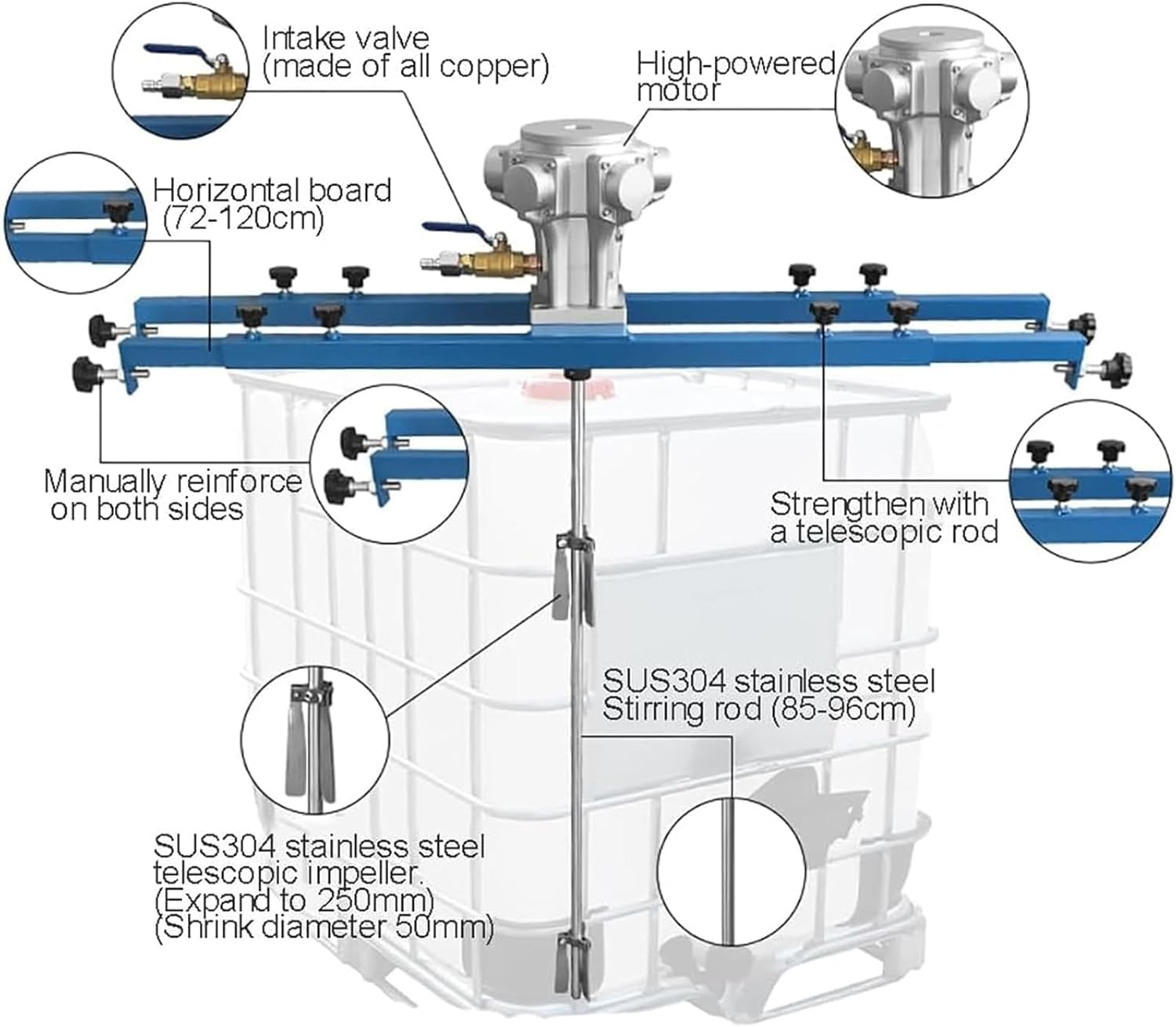 ERICAT Pneumatic Paint Mixer, 250 Gallon Air Agitator with Folding Propeller & Support Hanger, Stepless Speed ​​Regulation, Blade Diameter: 250mm & Speed: 0-1300 RPM, for Mixing Spray Coatings