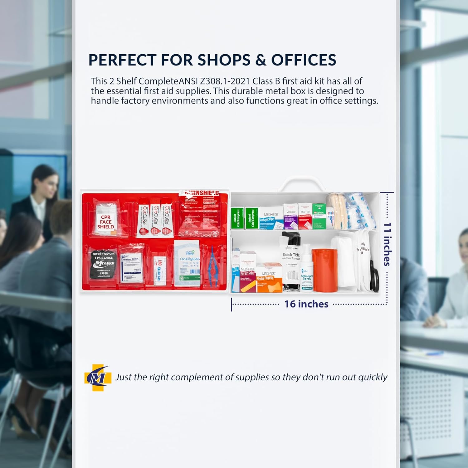 MFASCO 2-Shelf OSHA Compliant First Aid Kit - Wall Mount Metal Cabinet - 227 Pieces - Workplace Safety - Commercial, Office, Kitchen, for Home & Business Emergency Kit