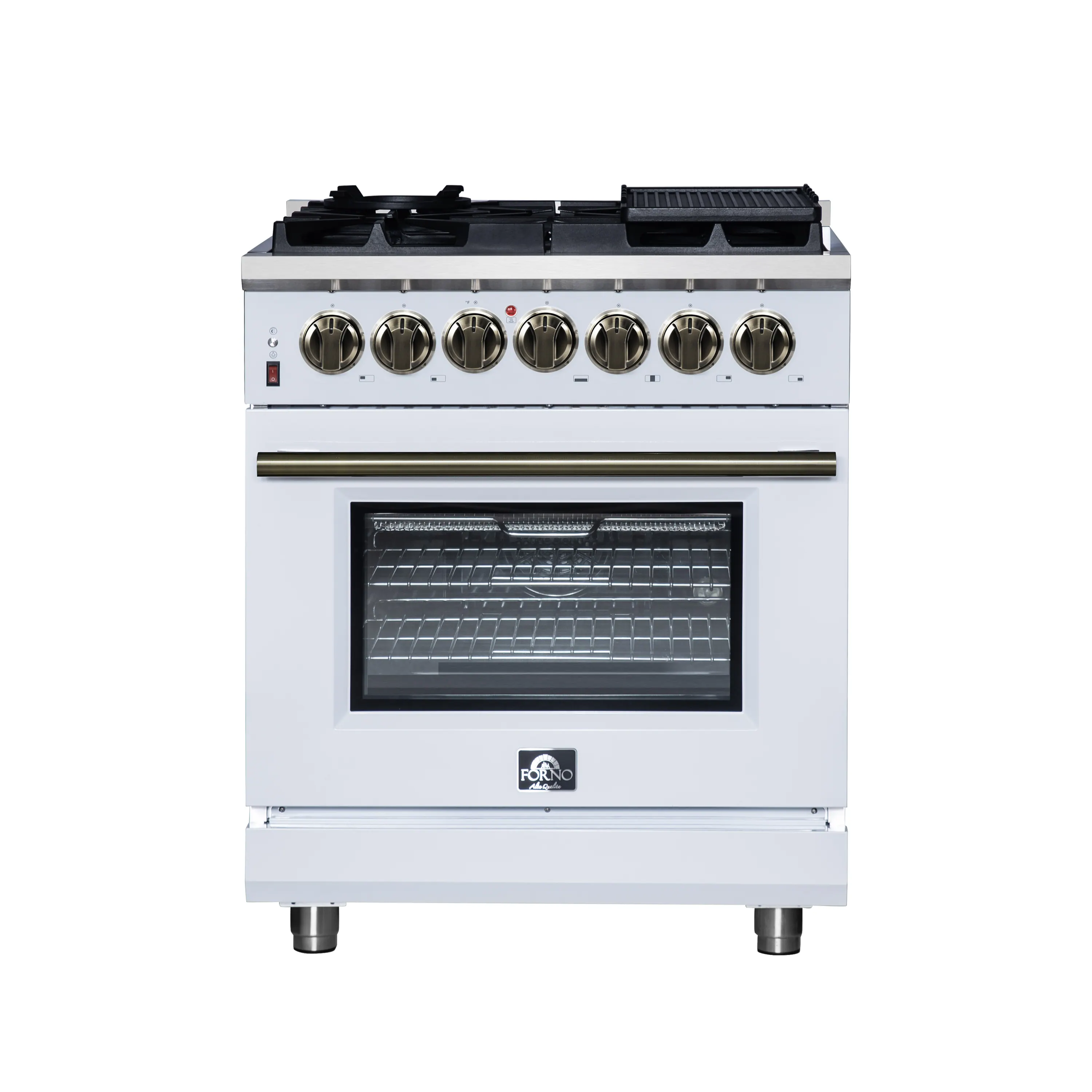 Forno Massimo 30-Inch Freestanding Dual Fuel Range with 4 Burners & 4.32 Cu. Ft. Convection Oven in White with Antique Brass Handle (FFSGS6125-30WHT)