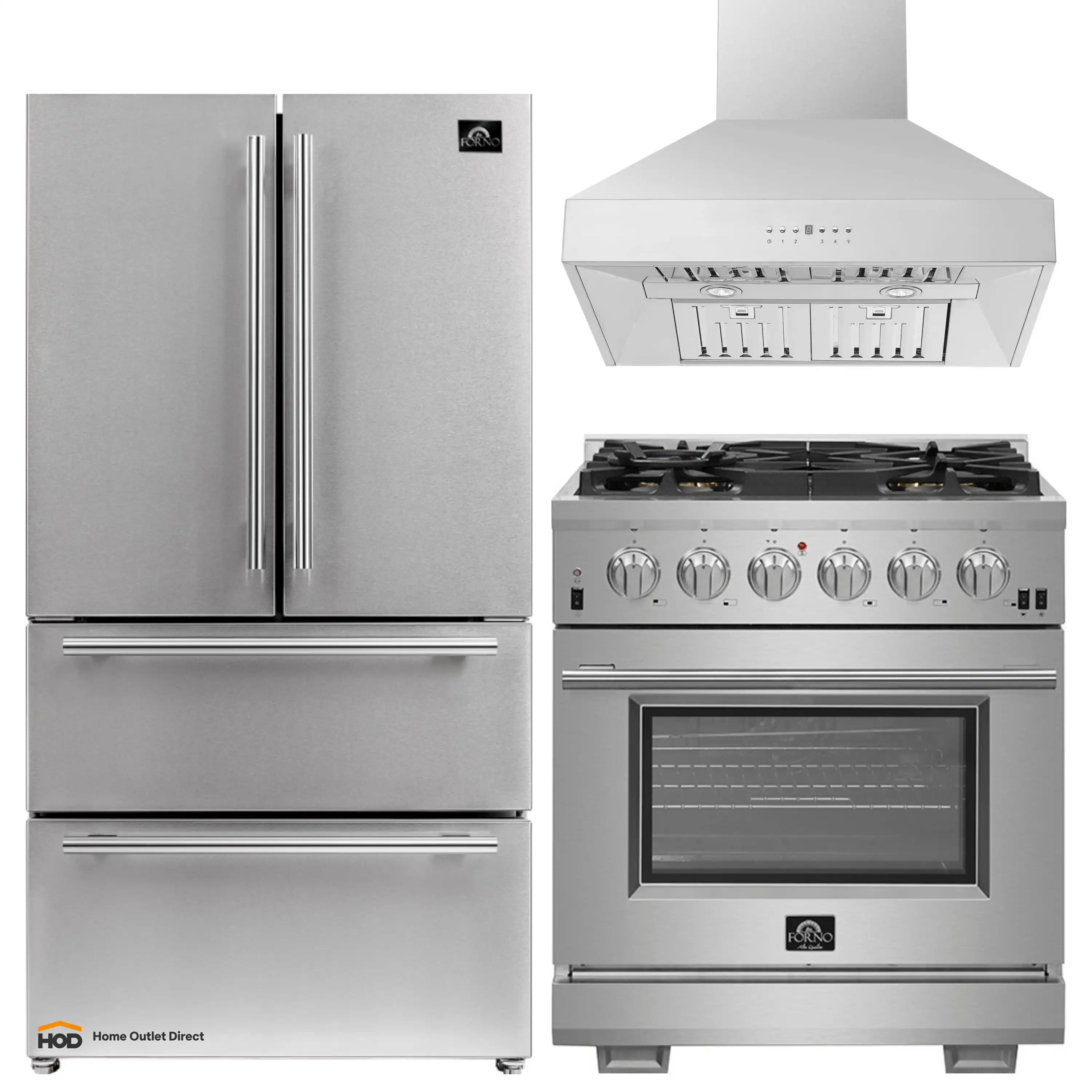 Forno 3-Piece Pro Appliance Package - 30-Inch Gas Range, Refrigerator, & Wall Mount Hood in Stainless Steel