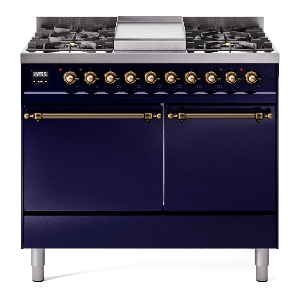 ILVE 40-Inch Nostalgie II Dual Fuel Range with 6 Burners, Griddle and Solid Door Oven in Midnight Blue with Bronze Trim (UPD40FQNMPMBB)