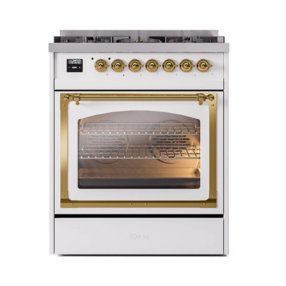 ILVE Nostalgie II Noblesse 30-Inch Dual Fuel Range with Triple Glass Door in RAL with Brass Trim (UN30NMPRAG)