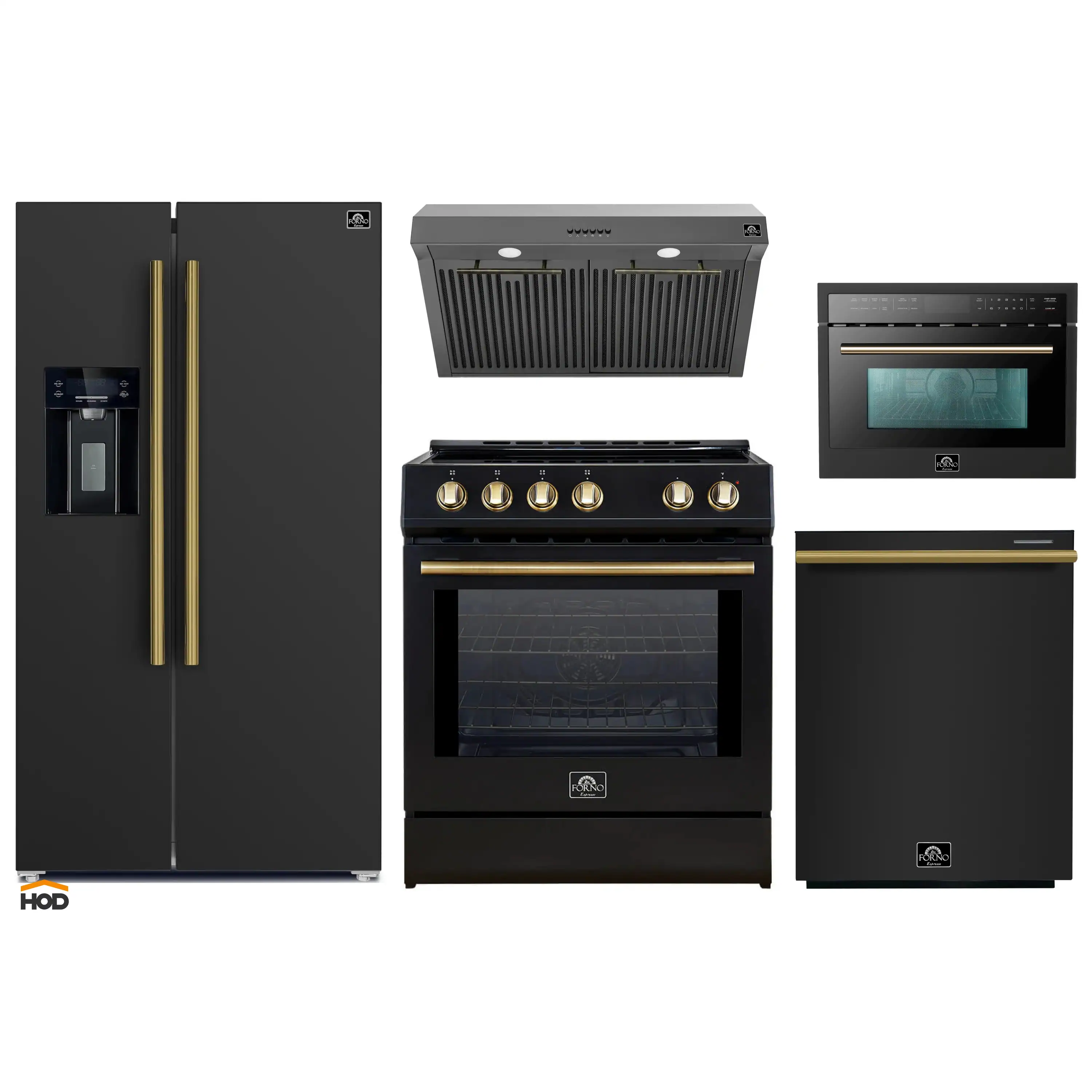 Forno 5-Piece Appliance Package - 30-Inch Inducton Range, Under Cabinet Range Hood, Refrigerator with Water Dispenser, Dishwasher, and  24-Inch Microwave Oven in Black with Antique Brass Trim